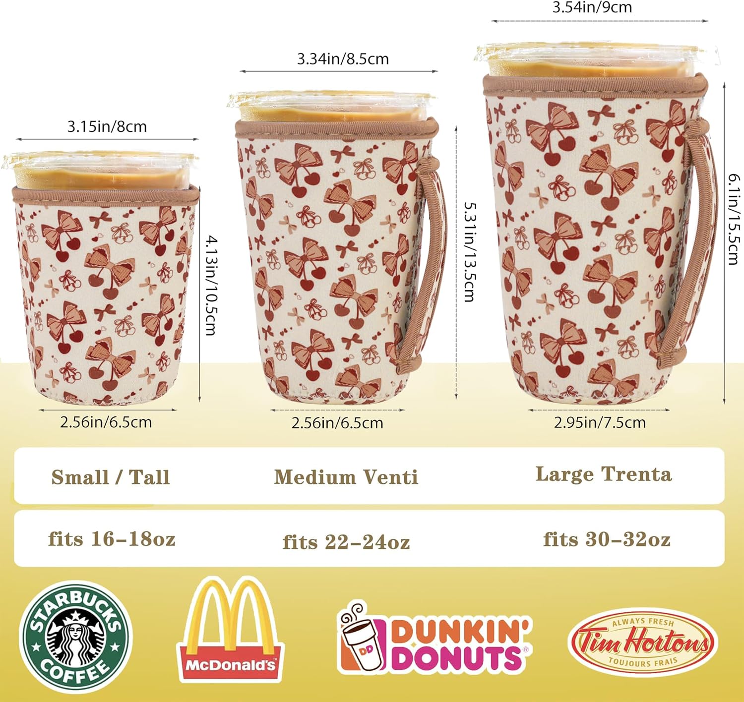 3 Pack Iced Coffee Sleeve, Drink Sleeve Fits 16-32 oz (Brown Bow) image 2
