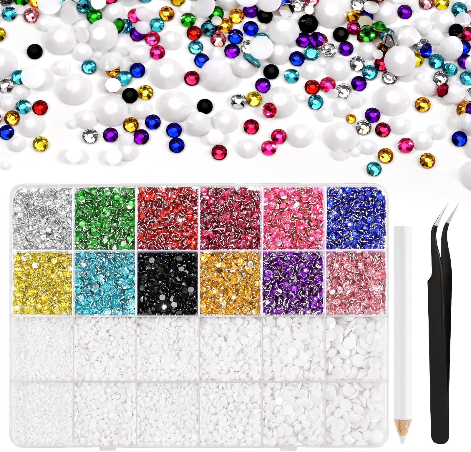 36000 Pcs Resin Rhinestones 2-6mm Flat Back Round Rhinestones Suitable for Nail Art Face Painting Clothing and Other Handmade DIY (White Multicolor)