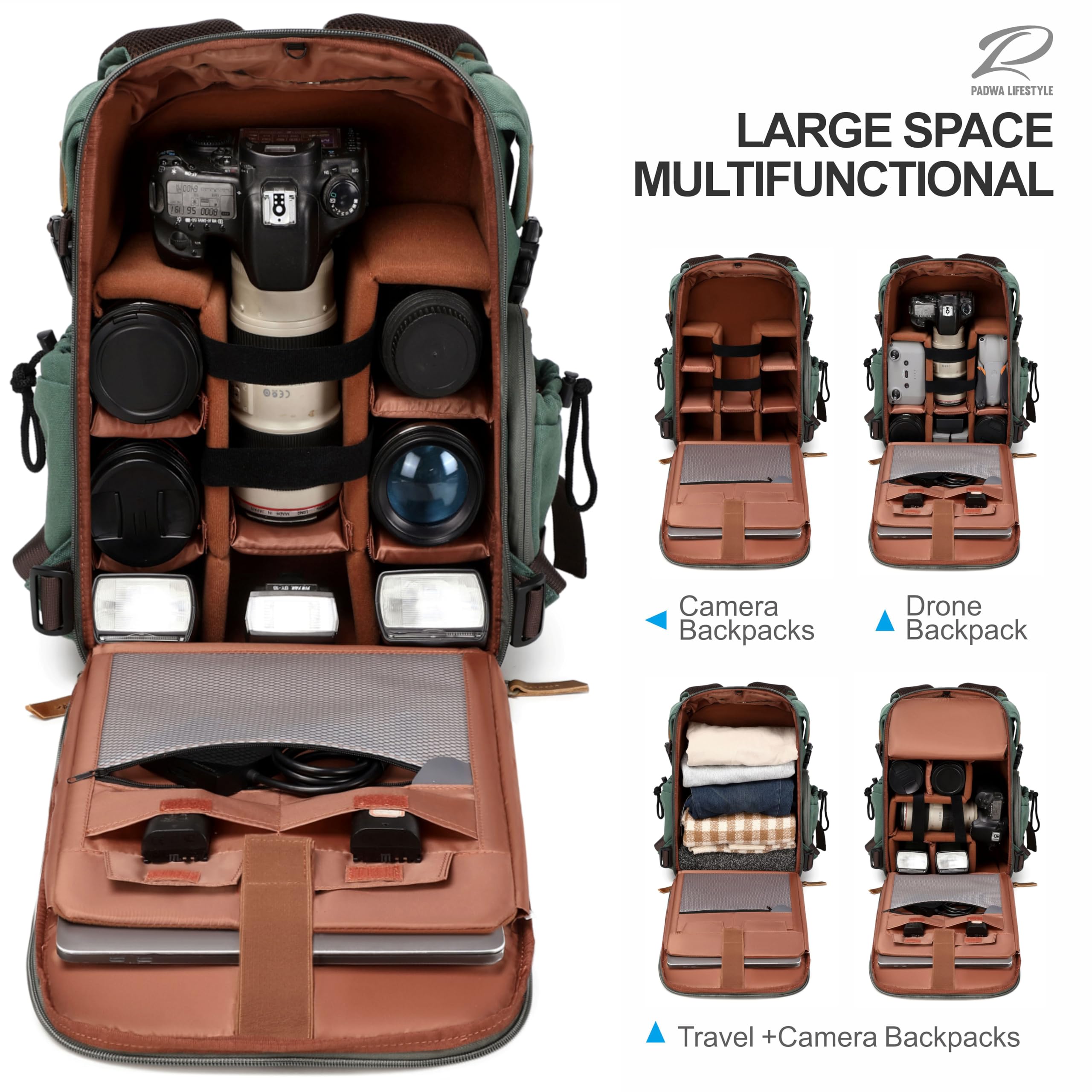 Padwa Lifestyle Kamerarucksack - Gewachstem Memory Canvas Kamerarucksack mit 16“ Laptop-/Objektivfach und Stativfach für Fotografen