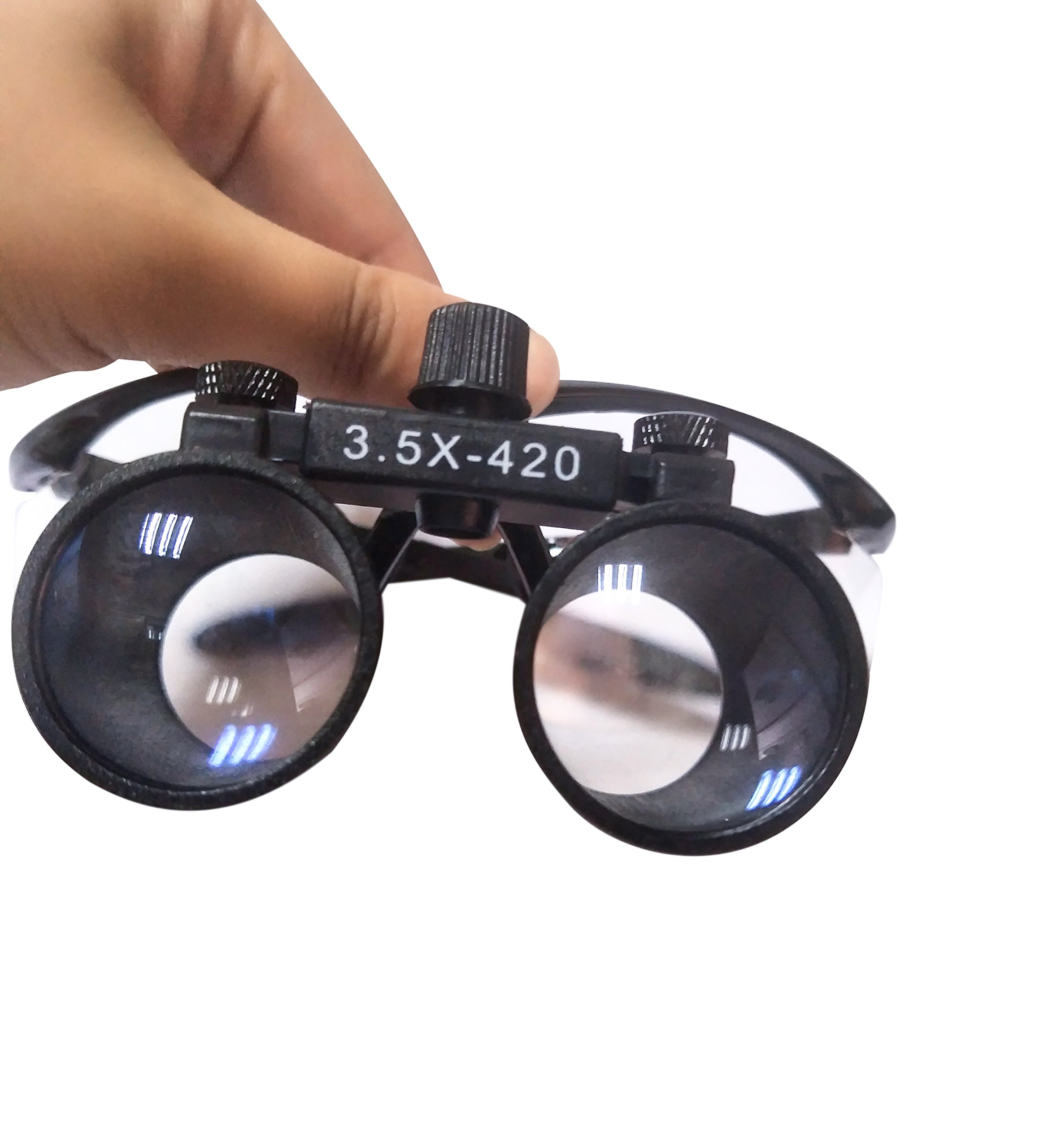 Loupes binoculaires chirurgicales en verre optique 3,5 x 420 mm + lampe frontale LED + boîte en aluminium (noir)