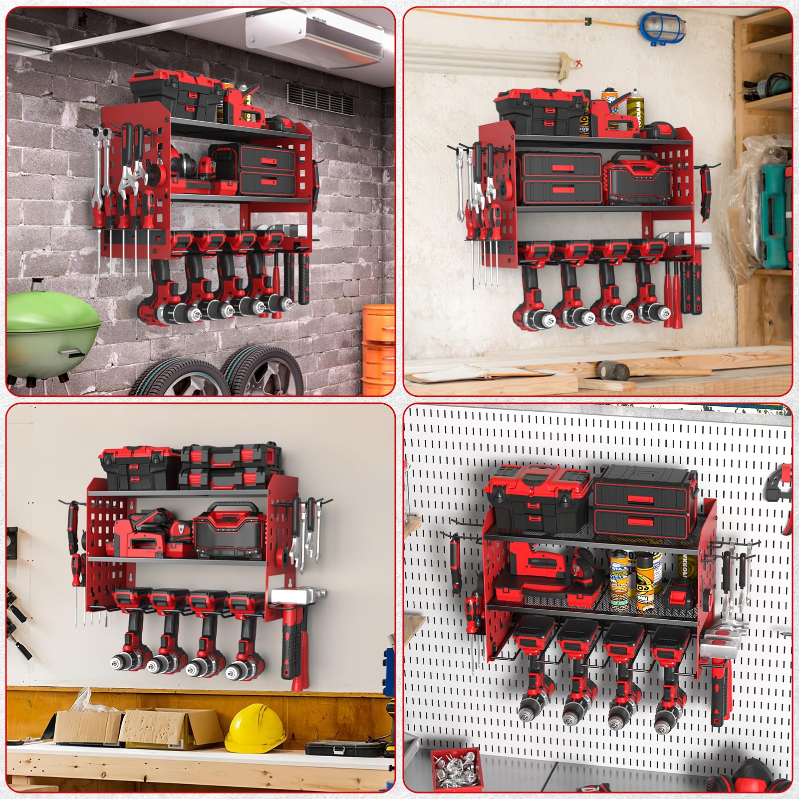 Yeabett Supporto da parete a 3 livelli, per 4 utensili elettrici, supporto da parete per garage, officina, 63 x 20 x 24 cm (rosso)