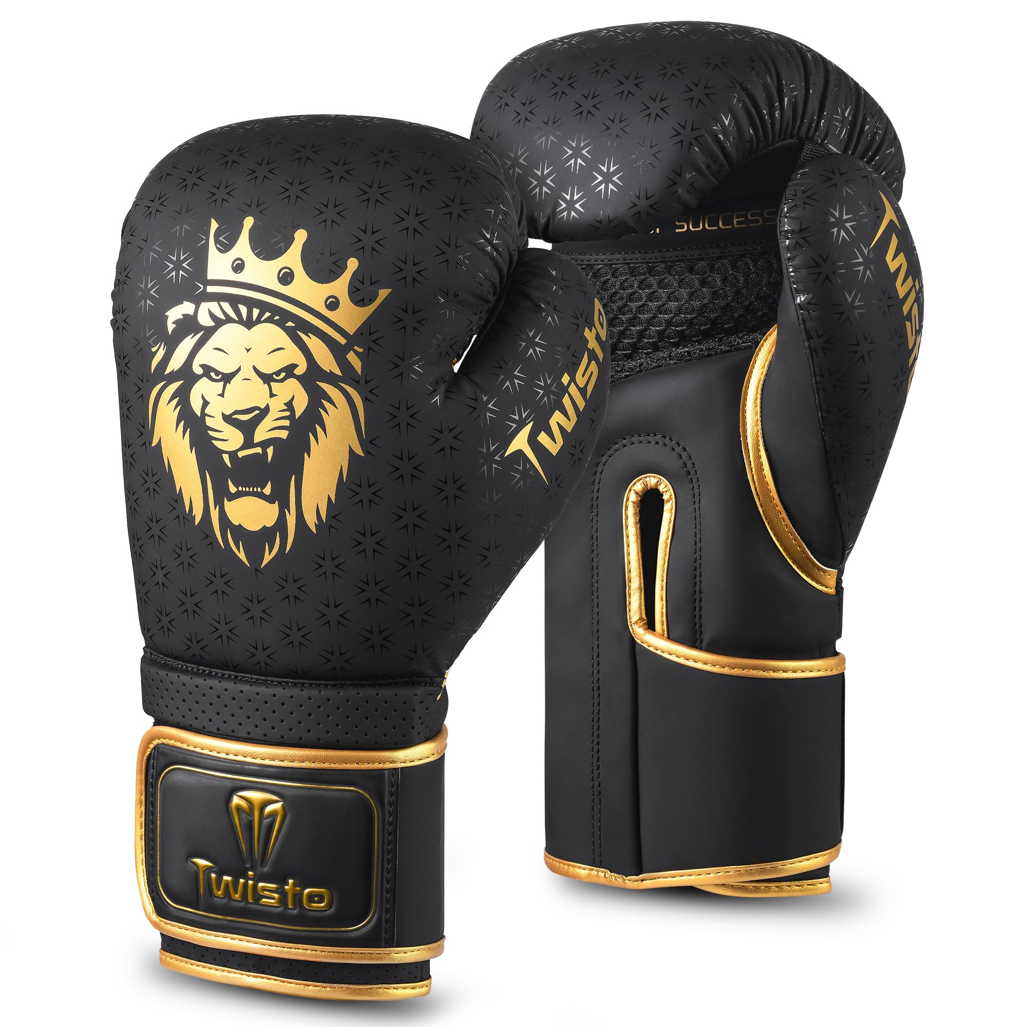 Twisto Boxing Gloves Black Rox - Pro Training & Sparring, Maya Hide Leather, Muay Thai, MMA, Kickboxing, Men, Women, Adults, Heavy Punching Bag, Focus Mitts, Pads,10oz 12oz 14oz 16oz (Golden, 16 oz)