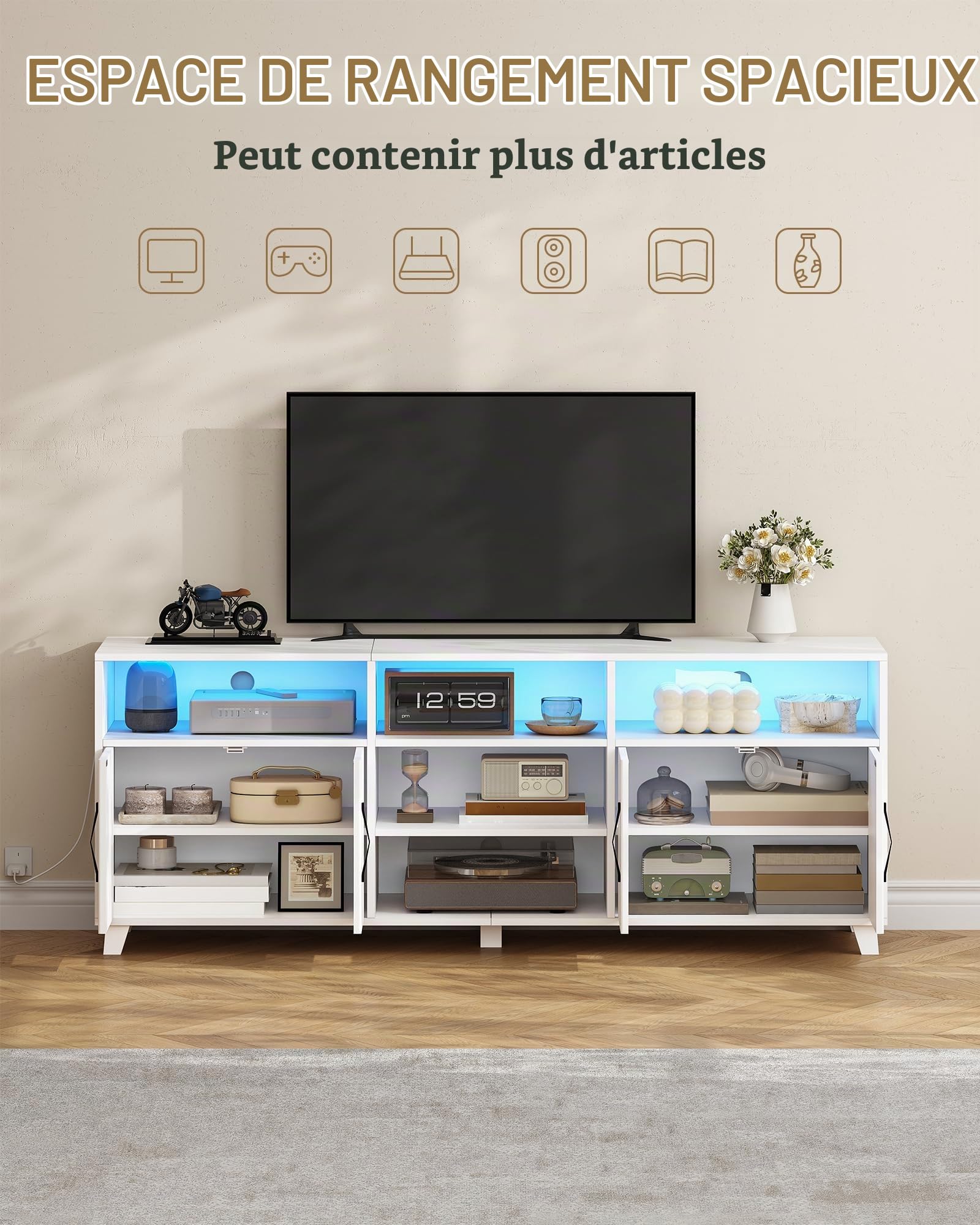 Hzuaneri Meuble TV, 147 cm Blanc, avec Lumières LED Réglables 25 Couleurs