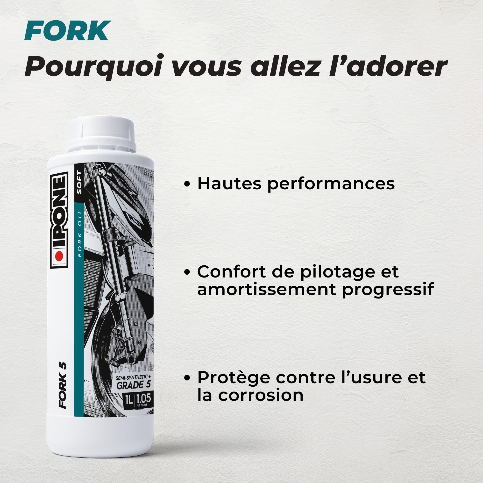 IPONE – Huile de Fourche Moto - Fork 10 – Semi-synthétique - Anti-friction et Anti-Emulsion - Bidon 1L