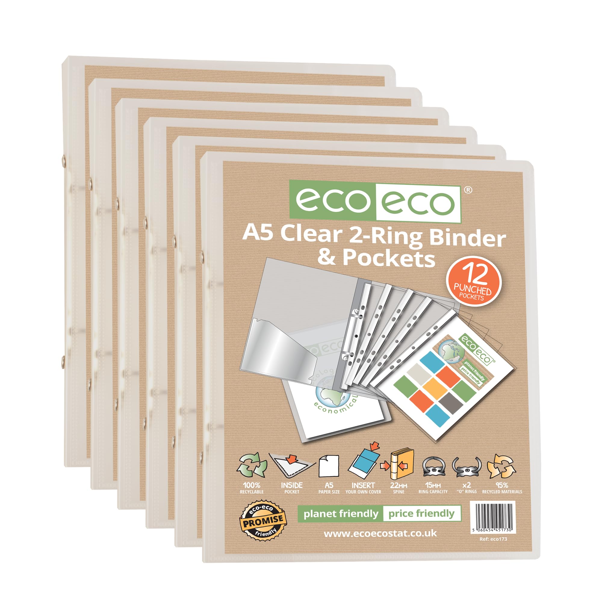 eco-eco A5 65% Recycled Clear Presentation Ring Binder with 12 Multi Punched Pockets, Pack of 6, eco173x6