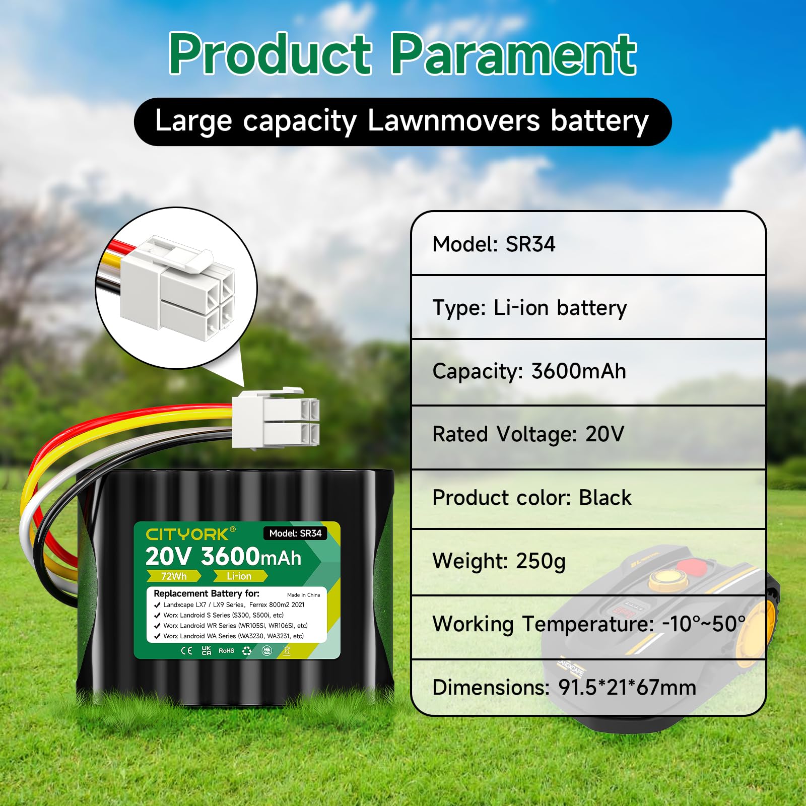 CITYORK Batteria di ricambio da 20 V per Landxcape LX790i LX790 LX792 LX795 LX796 LX797, per Landxcape LX835, LX991 LX992, per Ferrex 800 m² 2021 CR208E, R800 SMART, per Kress Mission KR1313135