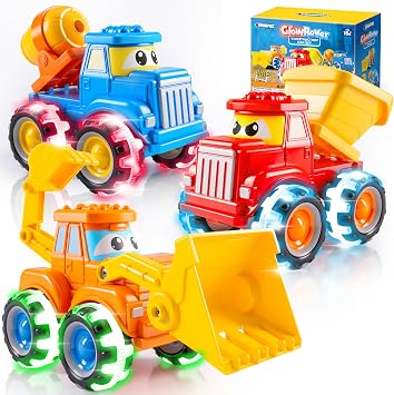 Vroomix GlowRover 3 Pack Monster Truck Toys, Construction Trucks with Flashing LED Light Up Wheels, Push and Go Cars for Boys Girls 3 4 5 6 7 Years Old Birthday Gifts