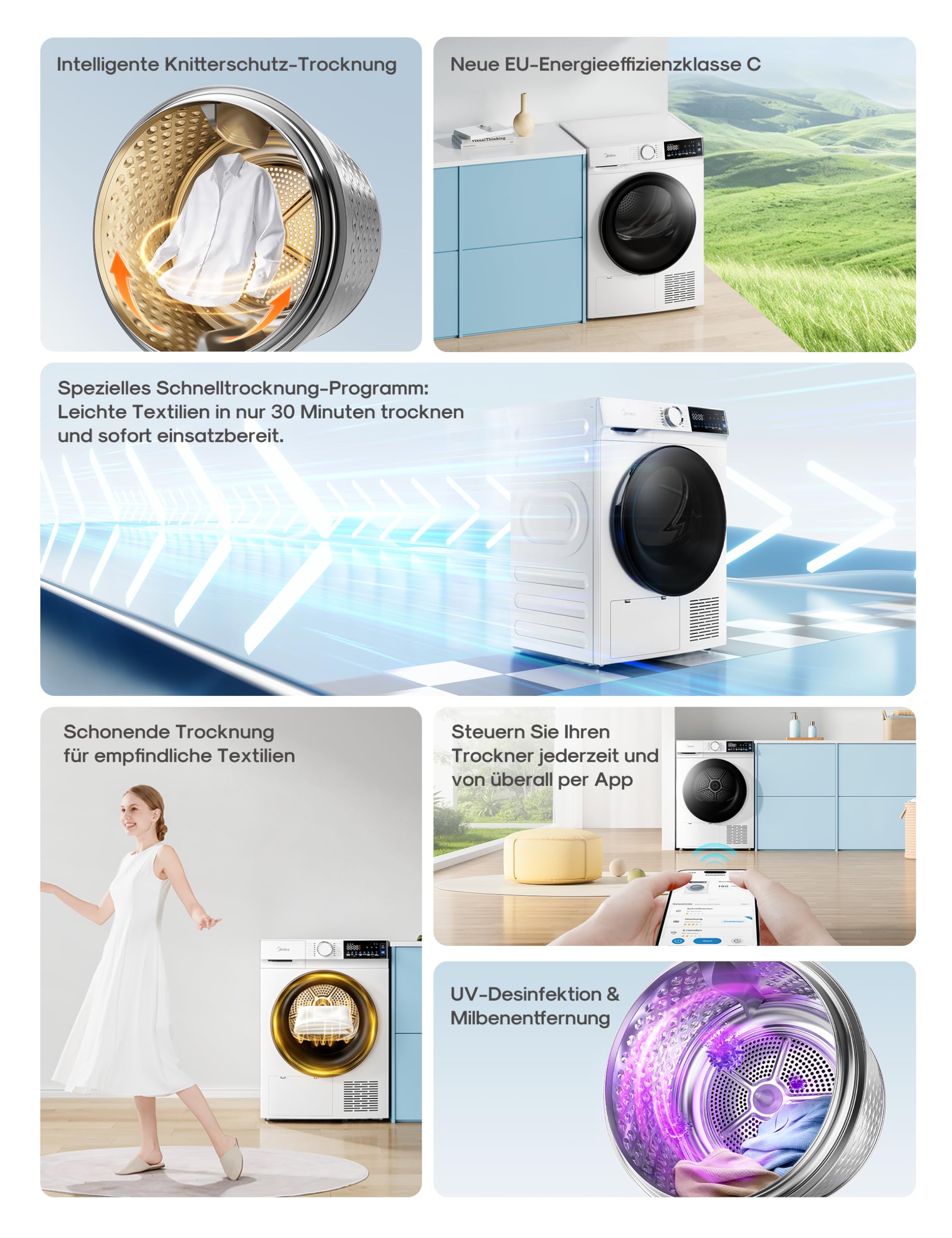 Midea Serie V5 Wärmepumpentrockner 8kg Energieklasse C SmartDry MDV5EH80WBC | App-Steuerung, Startzeitvorwahl, 30' Schnelltrocknung, UV-Desinfektion mit Milbenentfernung, Knitterschutz, Inverter-Motor