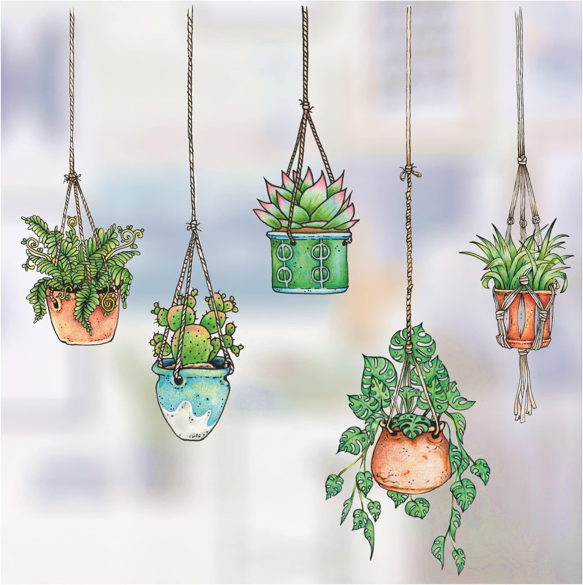 Stickers45 Illustrated Hanging Plant Window Stickers Hanging Flower