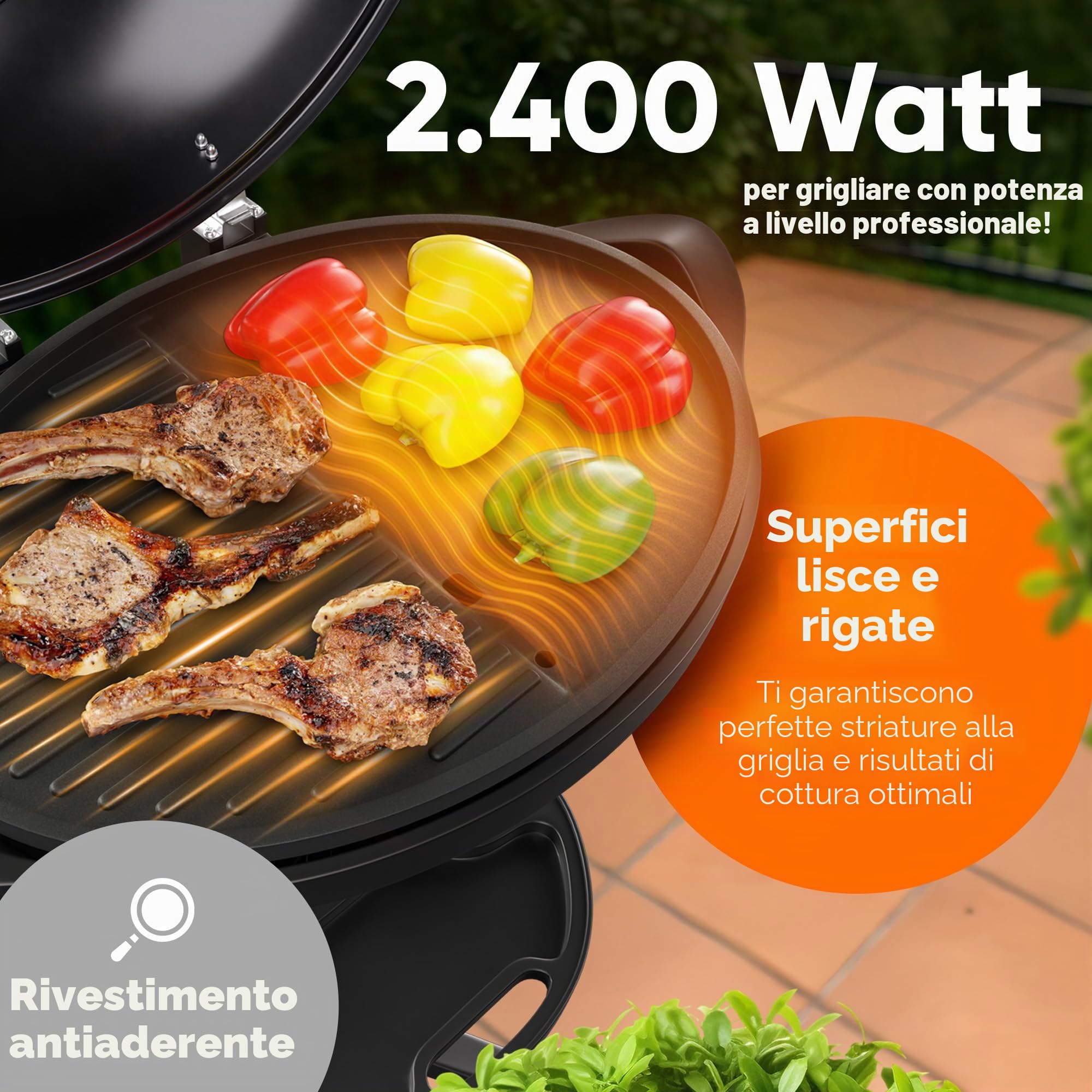 ProfiCook - Barbecue elettrico per interni ed esterni, non fumo, 2400 W, griglia elettrica per balcone, indicatore di temperatura, griglia da tavolo elettrica 2 in 1, PC BQS 1303