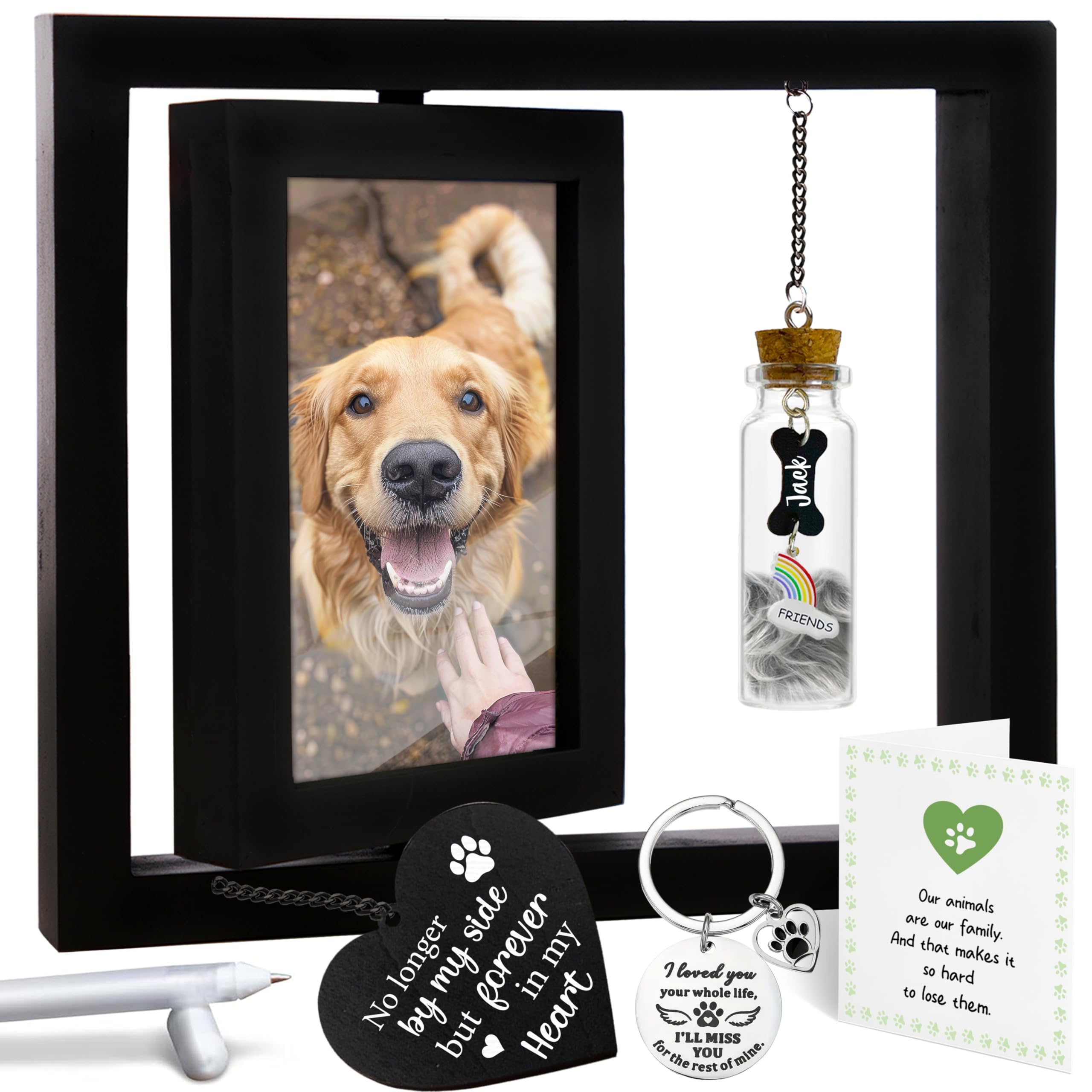 Pet Memorial Gifts Rotating 4x6 Picture Frame Wooden Black Dog Cat Remembrance Keepsake Pet Fur Jar Rainbow Bridge No Longer By My Side Heart Tag Pet In Loving Sympathy Keychain Loss Gift PR-6B 1. Keychain - Black 9'x8.2'