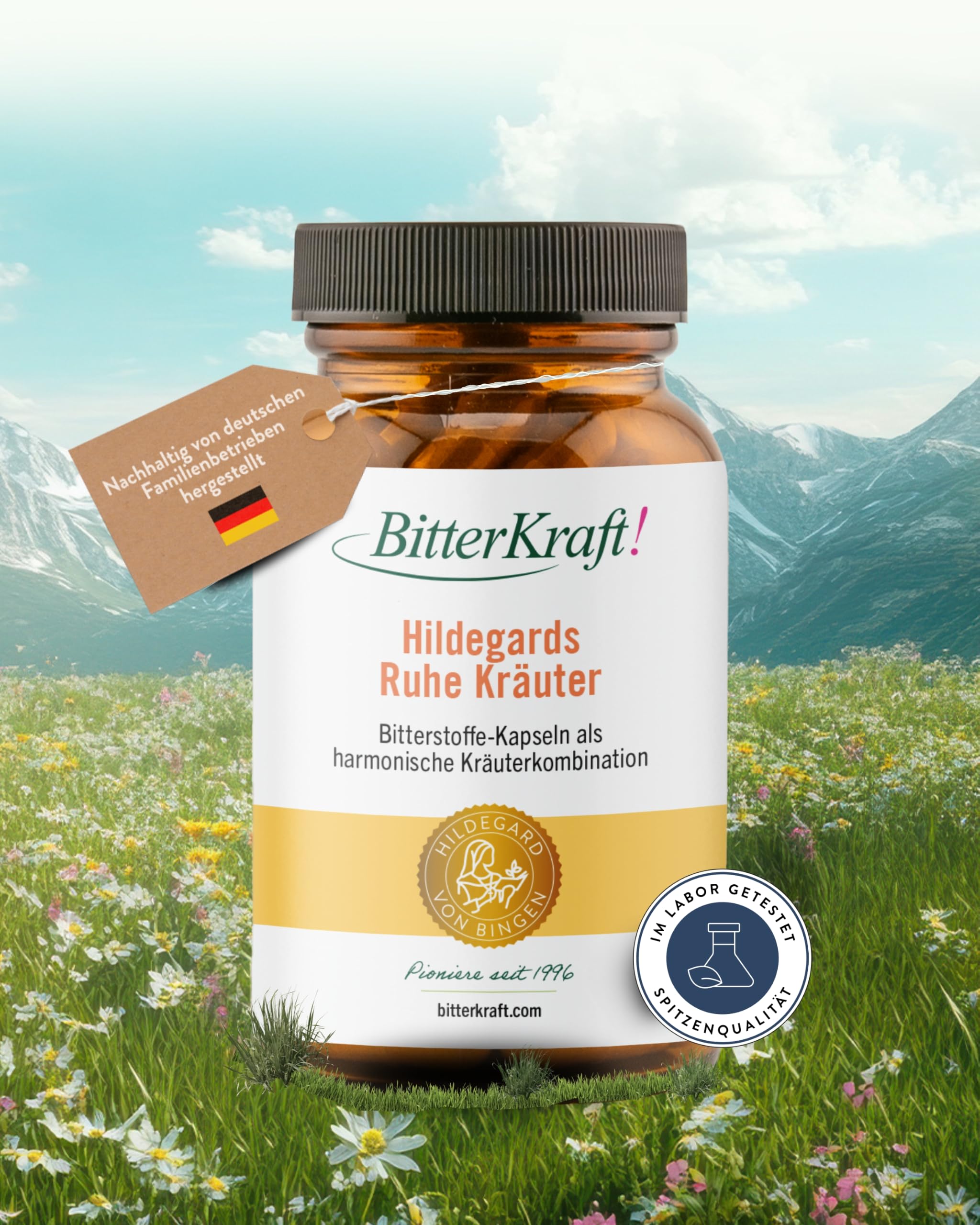 BitterKraft! Hildegards Ruhe-Kräuter 120  Kapseln – mit Bio Ashwaghanda, Rosenwurz-Extrakt, B2, B6 & B12 – inspiriert von Hildegard von Bingen – ohne Zusatzstoffe - 100 % Natur – Made in Germany
