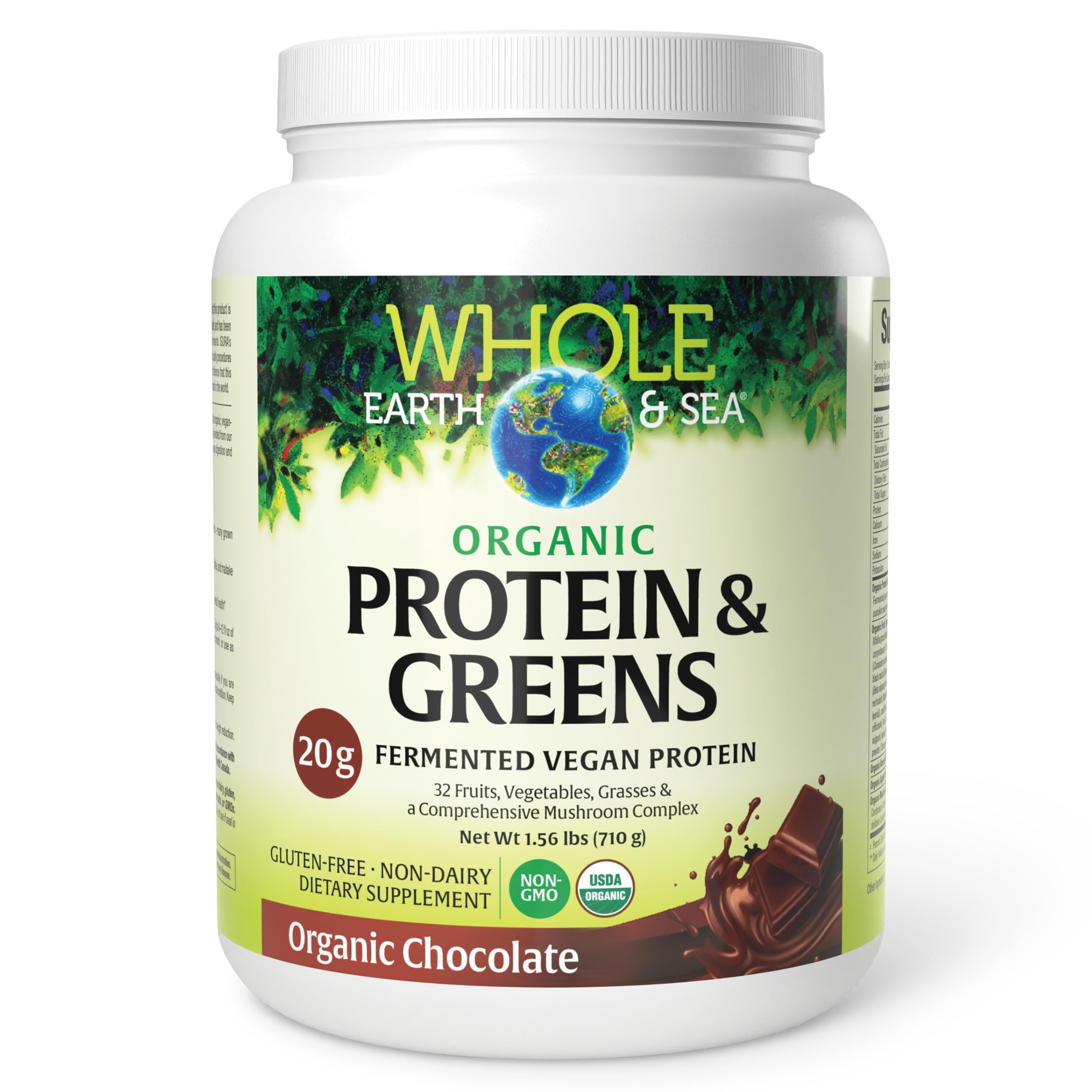 Natural Factors Whole Earth & Sea , Organic Fermented Protein & Greens, Whole Food Supplement, Vegan, Non-Dairy, Chocolate, 1 lb 9 oz (20 Servings)