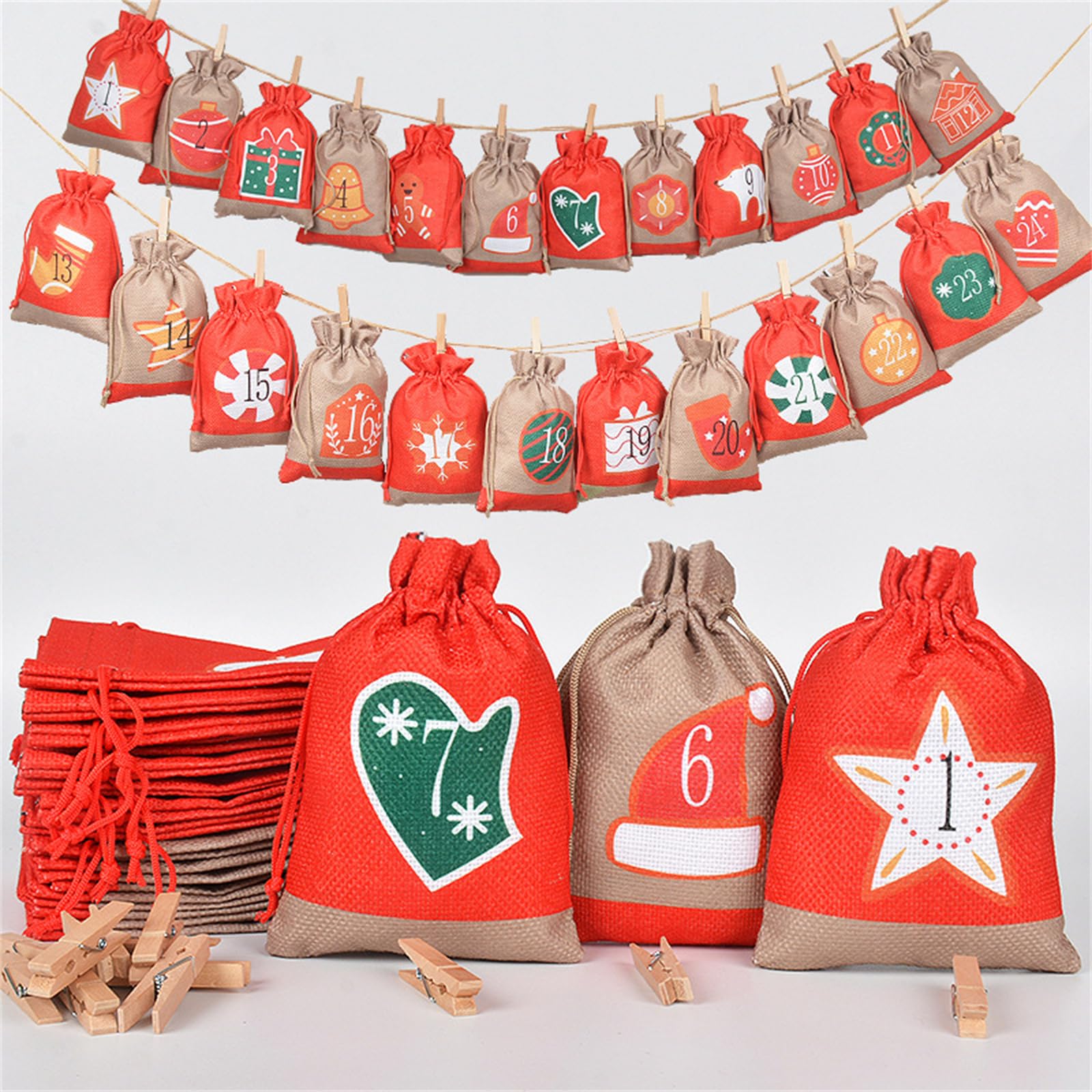 Adventskalender zum Befüllen, Adventskalender TüTen Zum BefüLlen, 24 Weihnachtskalender Stoffbeutel zum Selbstbefüllen, 10 * 15 cm DIY Stoffbeutel Weihnachtskalender Tüten mit Clips, Seil (2 set)