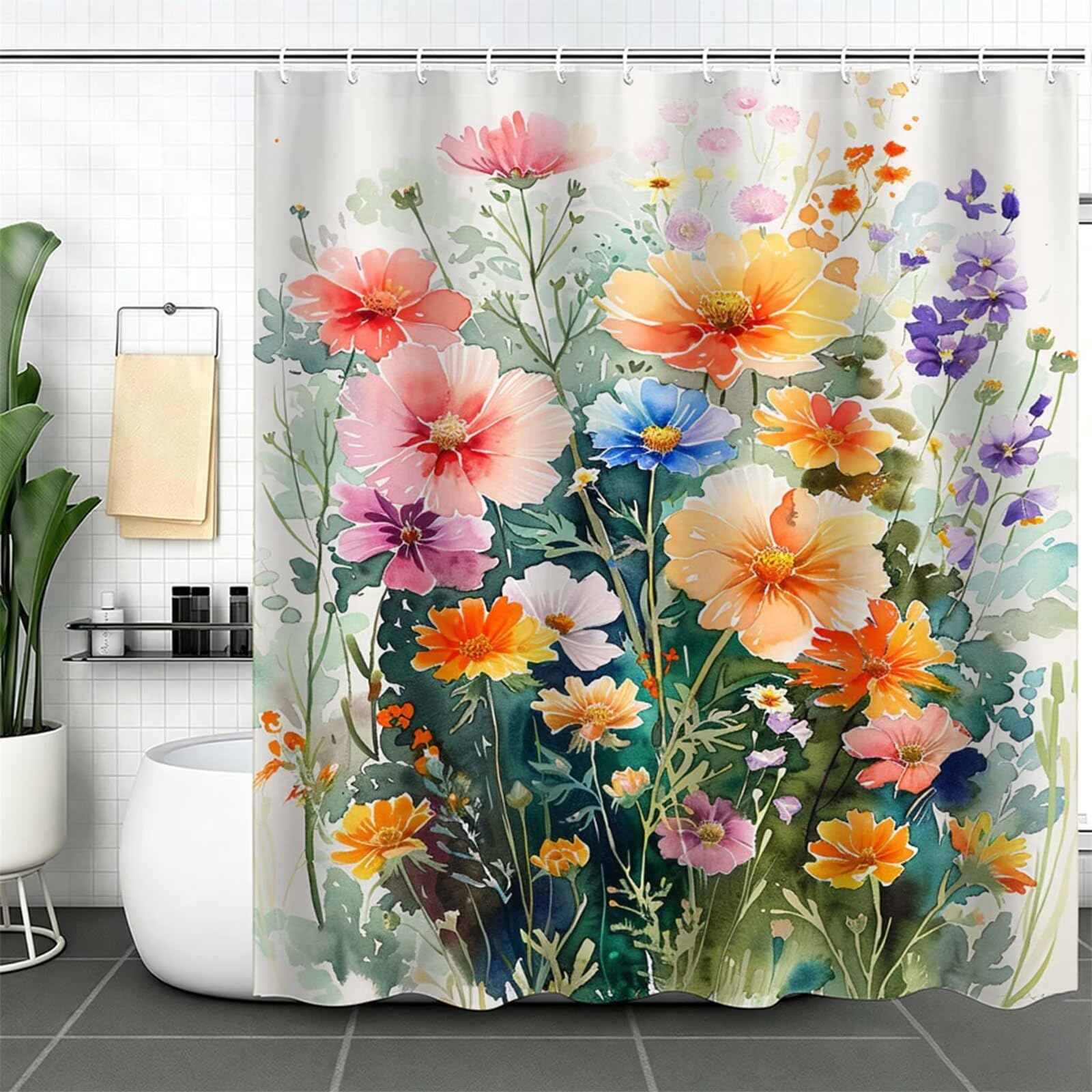 Duschvorhang 200x250cm, Duschvorhang Badewanne Beige, Shower Curtain mit Ösen und 12 Duschringen, Beschwerter Saum, Maschinenwaschbar, Schnell Trocknend, Wasserdicht Polyester, Blumenbeet J-740