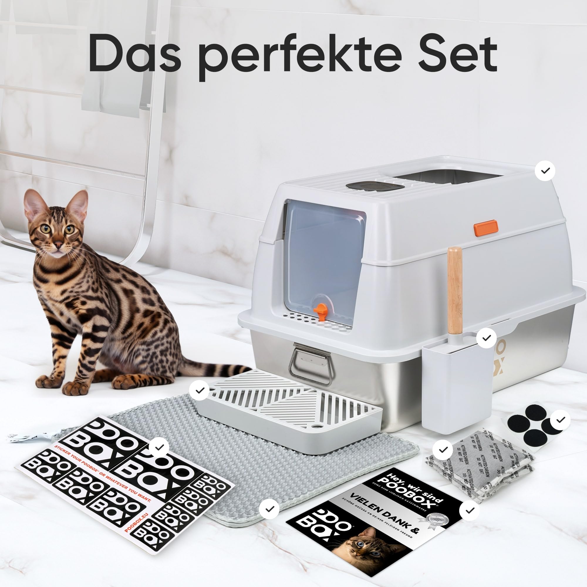 Katzenklo Edelstahl mit Deckel, 60x40, grau, auslaufsicher, Zubehör | 3-in-1 Katzentoilette geschlossen offen, Geruchsfilter, Hop in, Schaufel, Matte und Stufe, geruchsarm, hoher Rand