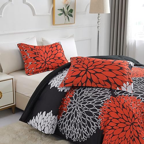 Miniatura 5 de Koniroom Juego de edredón floral negro y rojo tamaño King con estampado de flores blancas y rojas para mujeres, adolescentes y niñas, para todas las