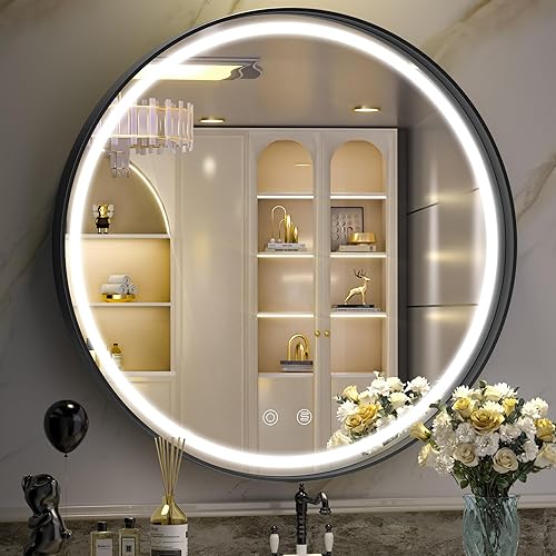 Hasipu Espejo LED redondo de 28 pulgadas para baño con luces, espejo de tocador circular negro para pared, espejos frontales con marco de metal,