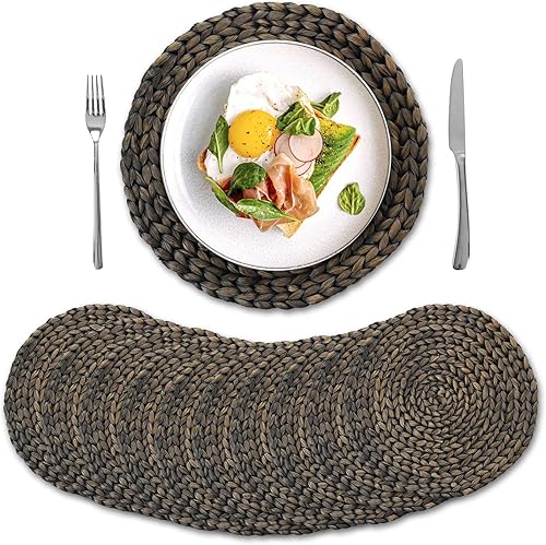 Miniatura 10 de Juego de 6, manteles individuales redondos tejidos, manteles individuales de hiacinto de agua natural en mimbre, manteles individuales de paja Negro