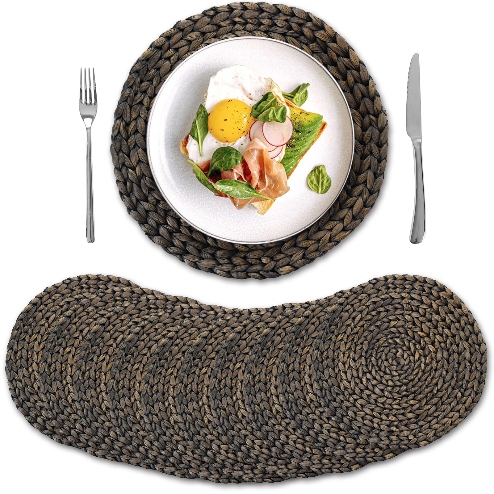 Photo 1 of 10 Pack, Round Woven Placemats, Natural Water Hyacinth Wicker Place Mats, Braided Straw Table Mats for Dining Table, Fall, Halloween, Thanksgiving, Chrismats, Black (13.8 inch)