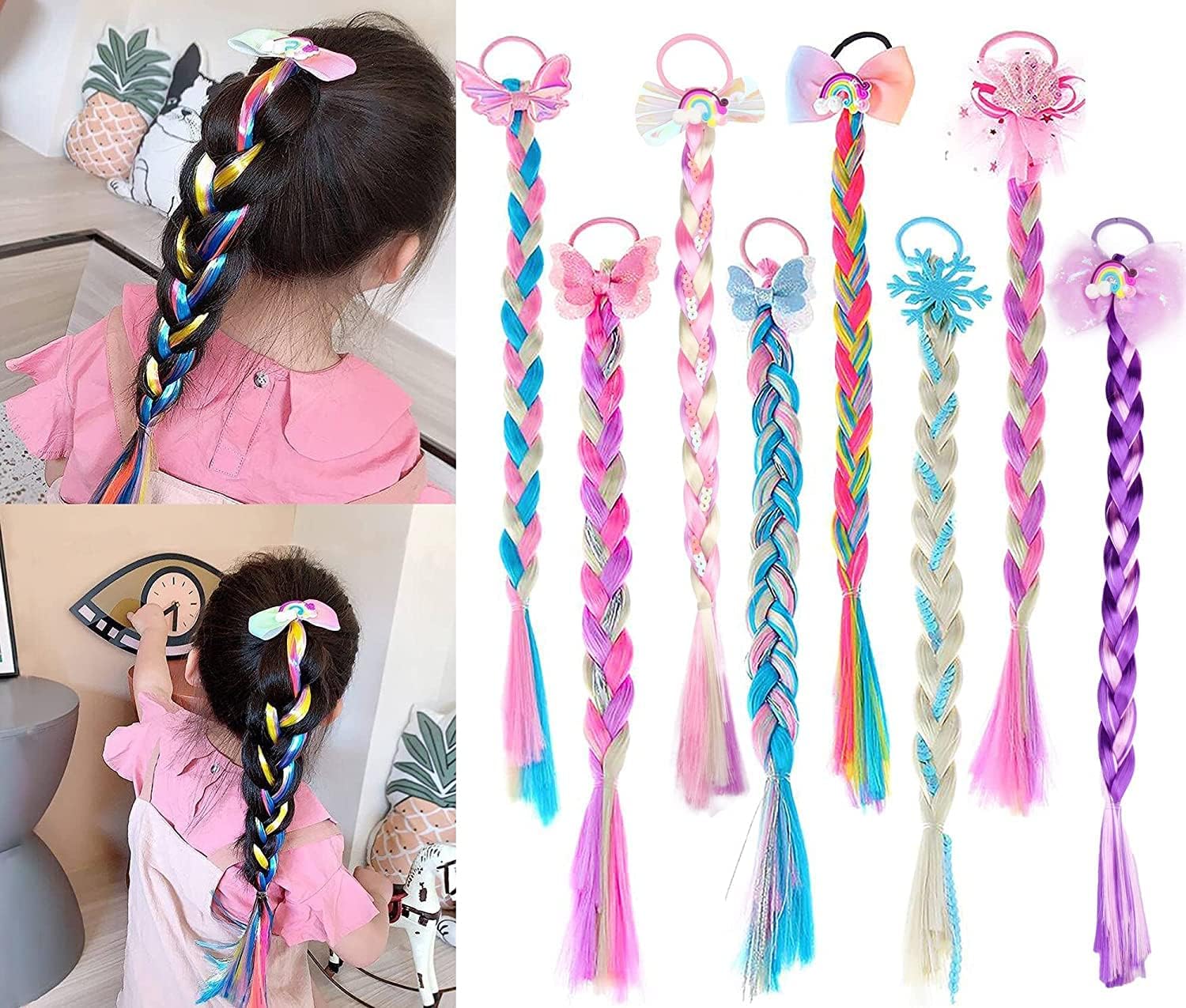 Diversa colored braided ponytail hair extension synthetic rainbow braid with rubber band for women girls kids party cosplay dress up wig accessory (1 Piece)-image-20