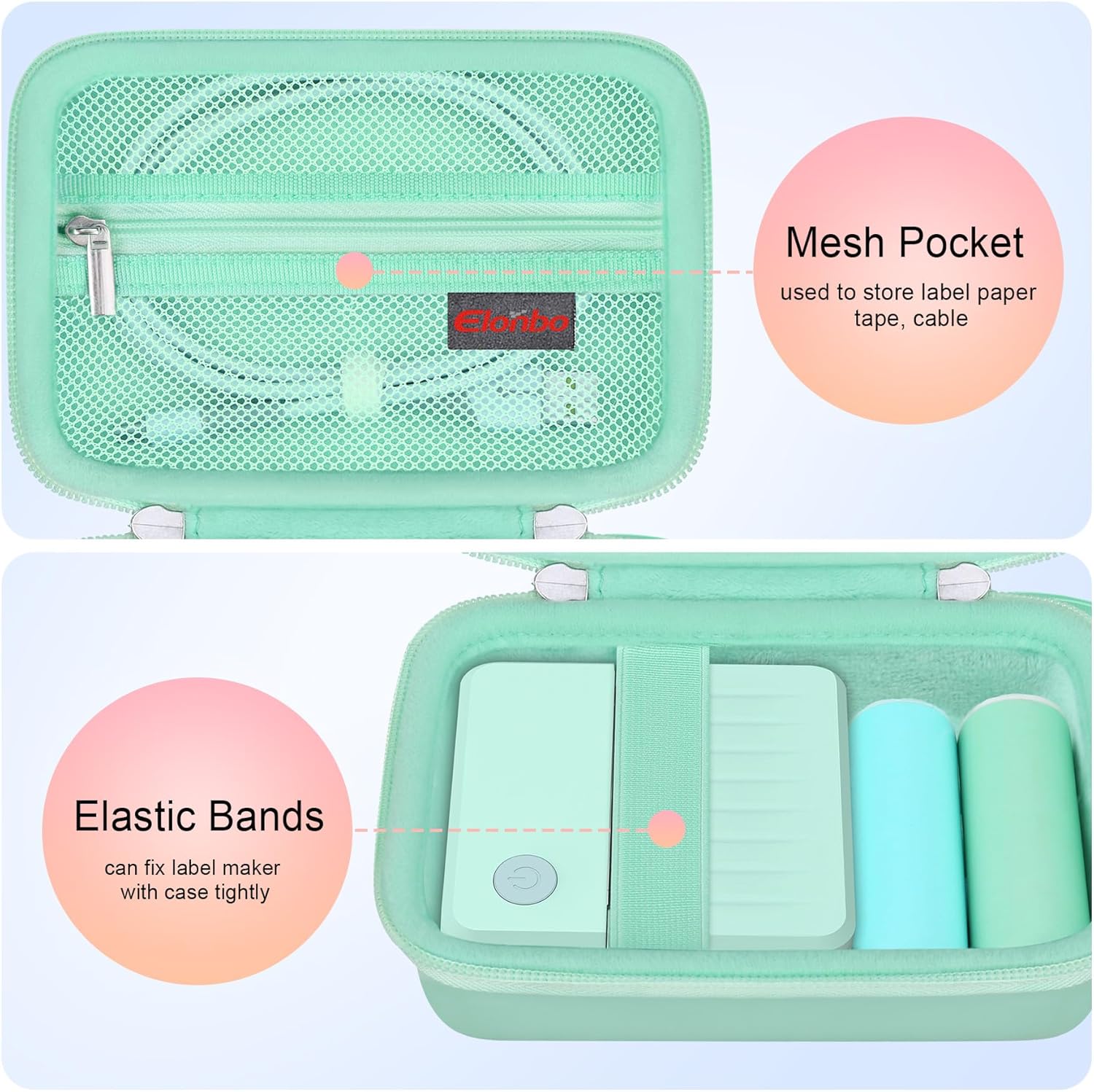 Elonbo Carrying Case for TYPONOS/ETIKEZ/Rotema/Vawense Sticker Printer, PM290 Portable Mini Printer, Inkless Bluetooth Label Maker Machine Travel Bag, Thermal Photo Printer Storage Holder, Green