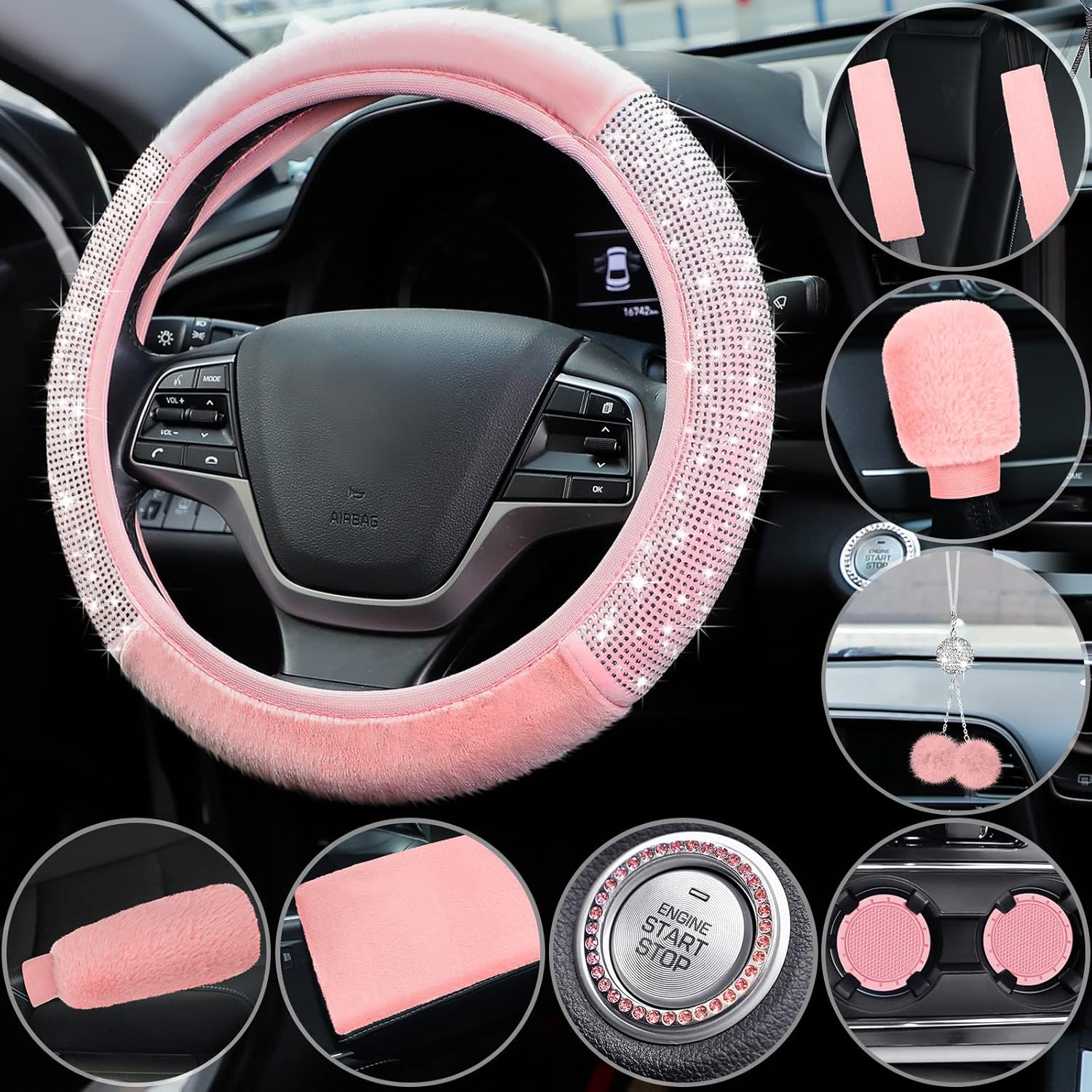 10 Pcs Pink Car Accessories Set, Pink Steering Wheel Cover