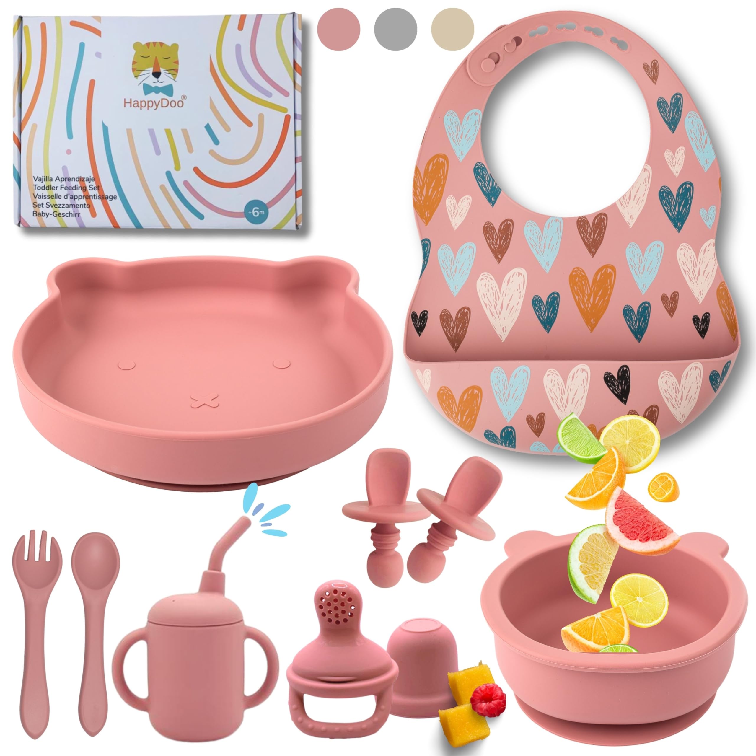 HappyDoo | Set Pappa Svezzamento | 12 Pezzi | Piatto Svezzamento con Ventosa | Citola | Bavaglini | Posate per Bambini | Bicchiere |Regalo Ciuccio Frutta |Set Pappa senza BPA | In Confezione Regalo