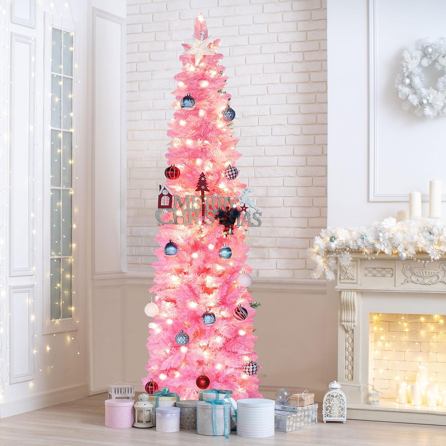 MUPATER 6FT Slim Pink Christmas Tree, Artificial Christmas Trees with Lights, Skinny Pencil Xmas Tree with Curved Top Design and Metal Stand, Holiday Decoration for Home, Office and Party, Pink