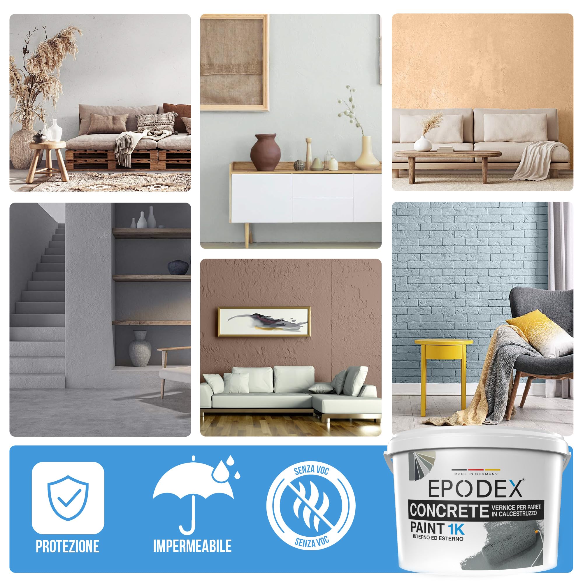 EPODEX 1K Vernice per calcestruzzo, pittura per esterni in cemento, pittura per interni come pareti, resistente a UV e abrasion, 6kg (48m² per mano) - Grigio ghiaia - Pastel
