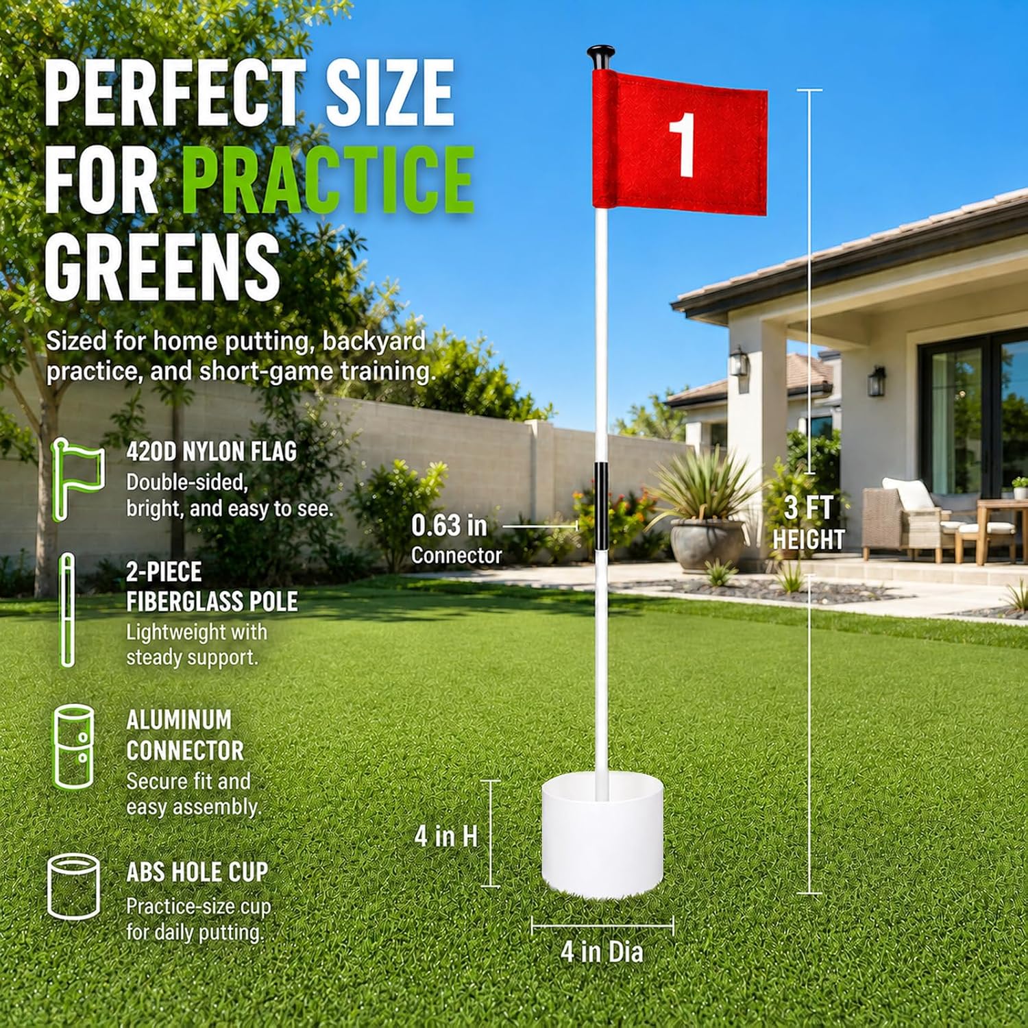 3FT Golf Flagsticks Mini with Flags and Cup Bases, Fiberglass Practice Flag Poles for Putting Green, Easy to Assemble, Portable for Backyard Indoor Outdoor Golf Practice (2 Pack -W)
