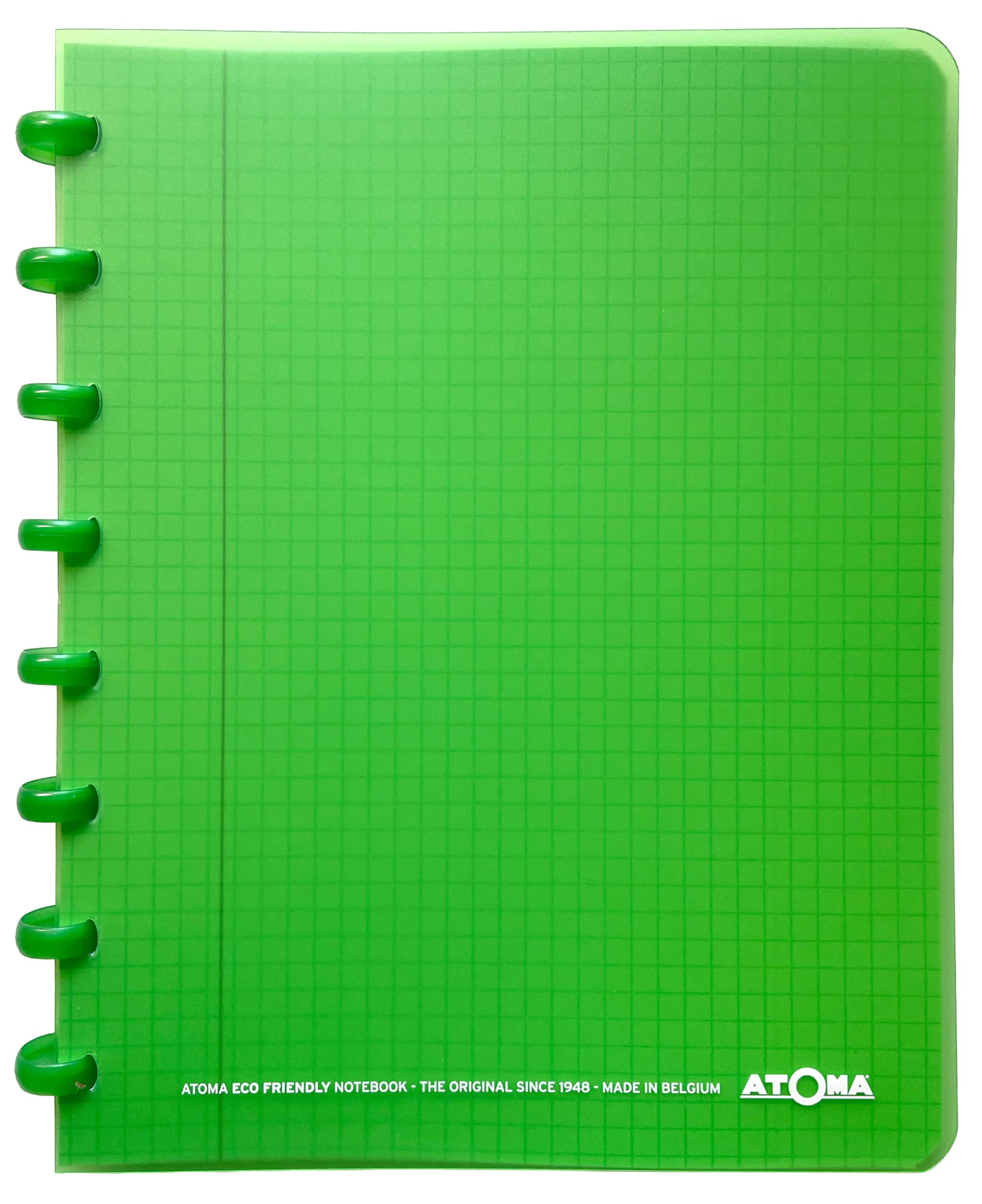 Atoma - A5 Ring Notebook - 72 Detachable Sheets (144 Pages) with Margin - Recyclable Polypropylene Cover (Green - Squared (5 x 5 mm))