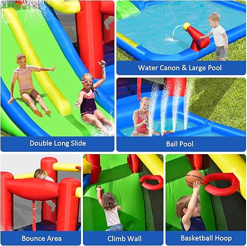 Miniatura 3 de HONEY JOY Tobogán acuático inflable, 7 en 1, casa gigante de rebote de agua, parque acuático para patio trasero al aire libre, doble tobogán,