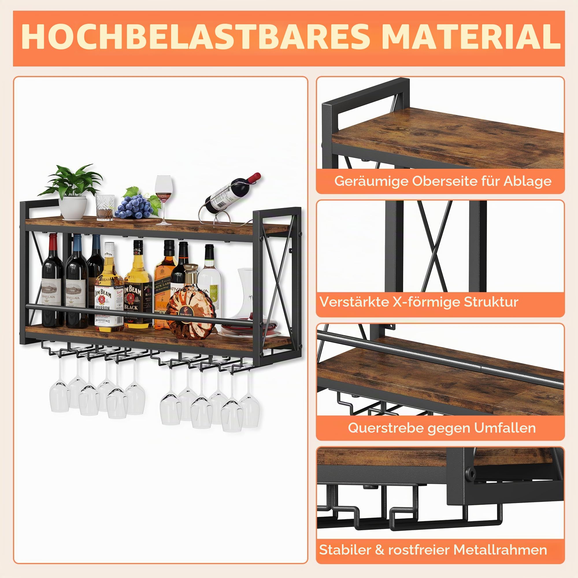 Homeiju Wandmontiertes Weinregal, Flaschen- und Glashalter, Holz, Metall, Retro-Weinregal, Weinflaschen-Display, Wandaufbewahrung für Küche, Esszimmer, Hausbar