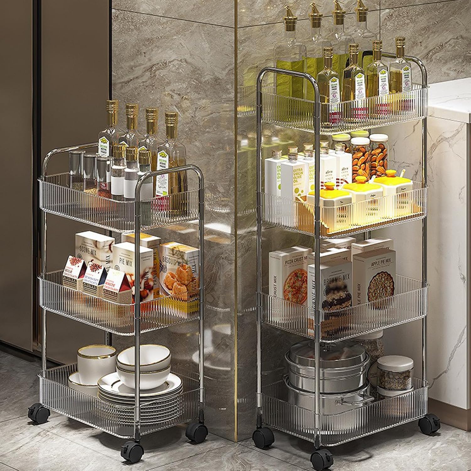 Tier Rolling Cart with Hanging Basket, Easy Assembly Acrylic Storage Carts with Lockable Wheels, Utility Cart Storage Organizer Serving for Office, Living Room, Kitchen, Bathroom (4-Tier with Box)