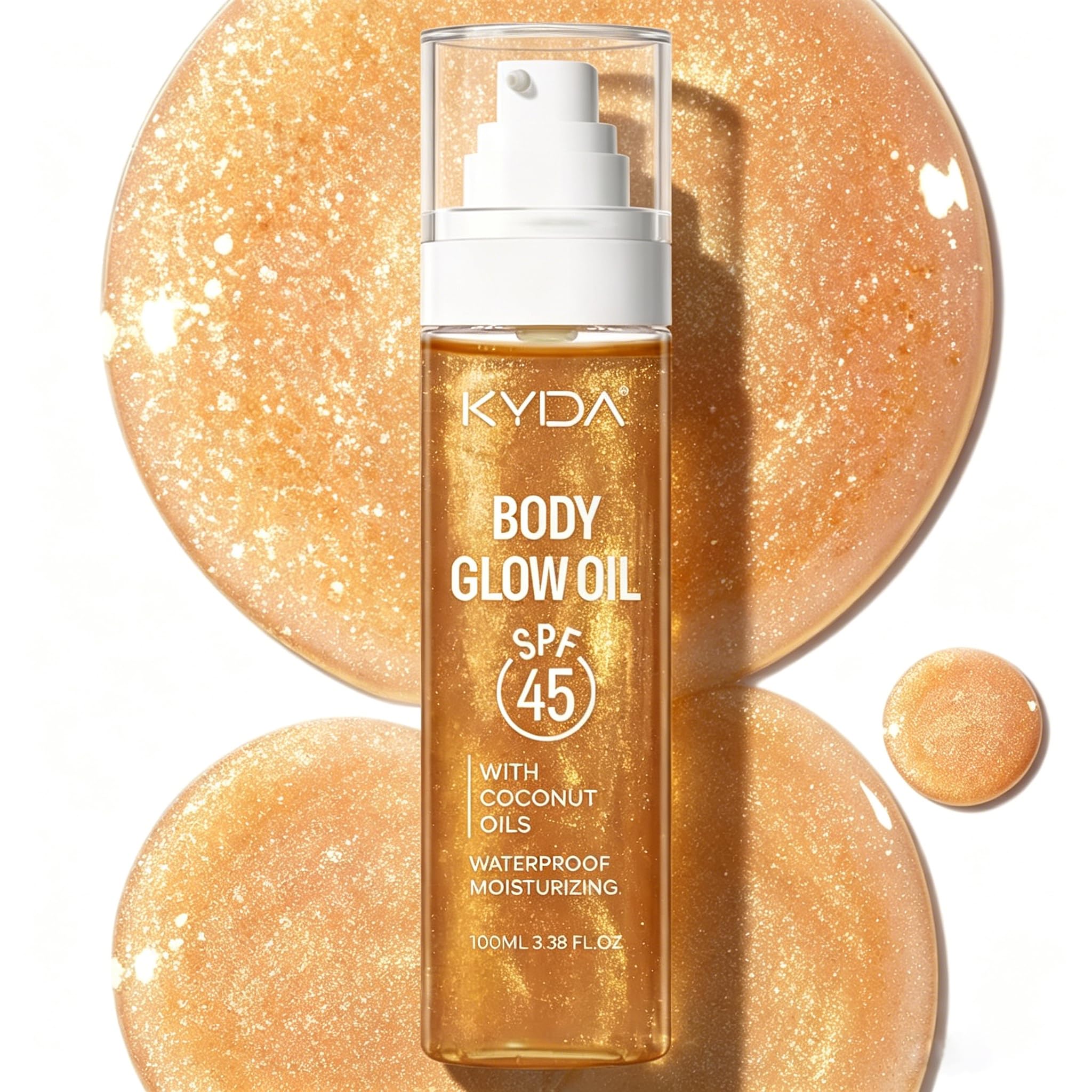 KYDA Body Glow Oil, olio ad ampio spettro SPF 45, crema solare, formula idratante con cocco, bagliore radiante, impermeabile, resistente al sudore, protezione UV, 3,38 fl.oz, oro (ambra)