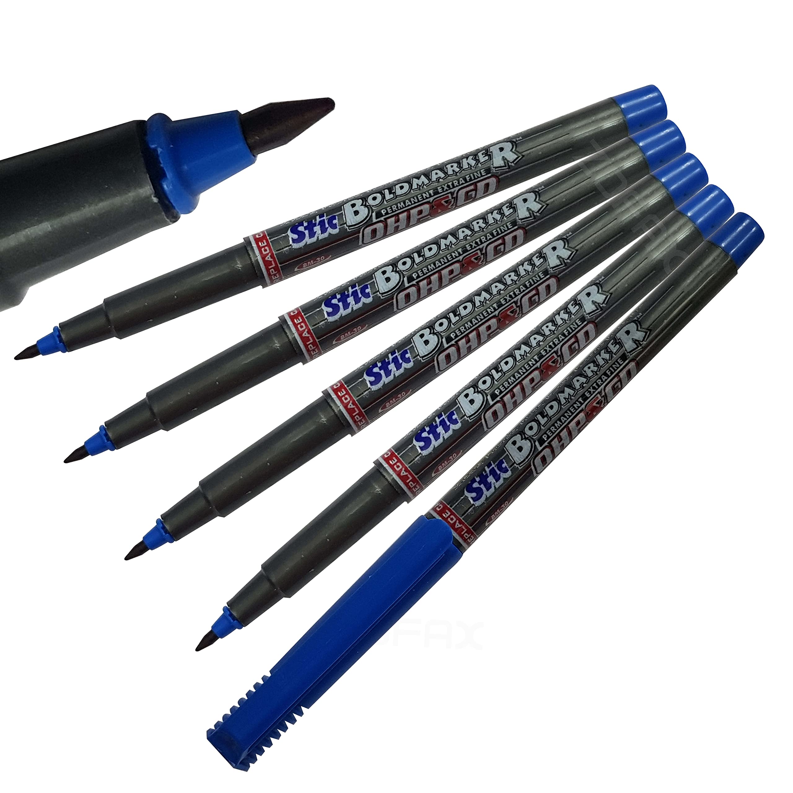 BM30 Permanent Markers, BLUE, Extra Fine Point, Pack of 5, CD/DVD/OHP Marker Pens, Mark Write Draw Sketch, Waterproof Ink, iZOFAX Black Ball Pen