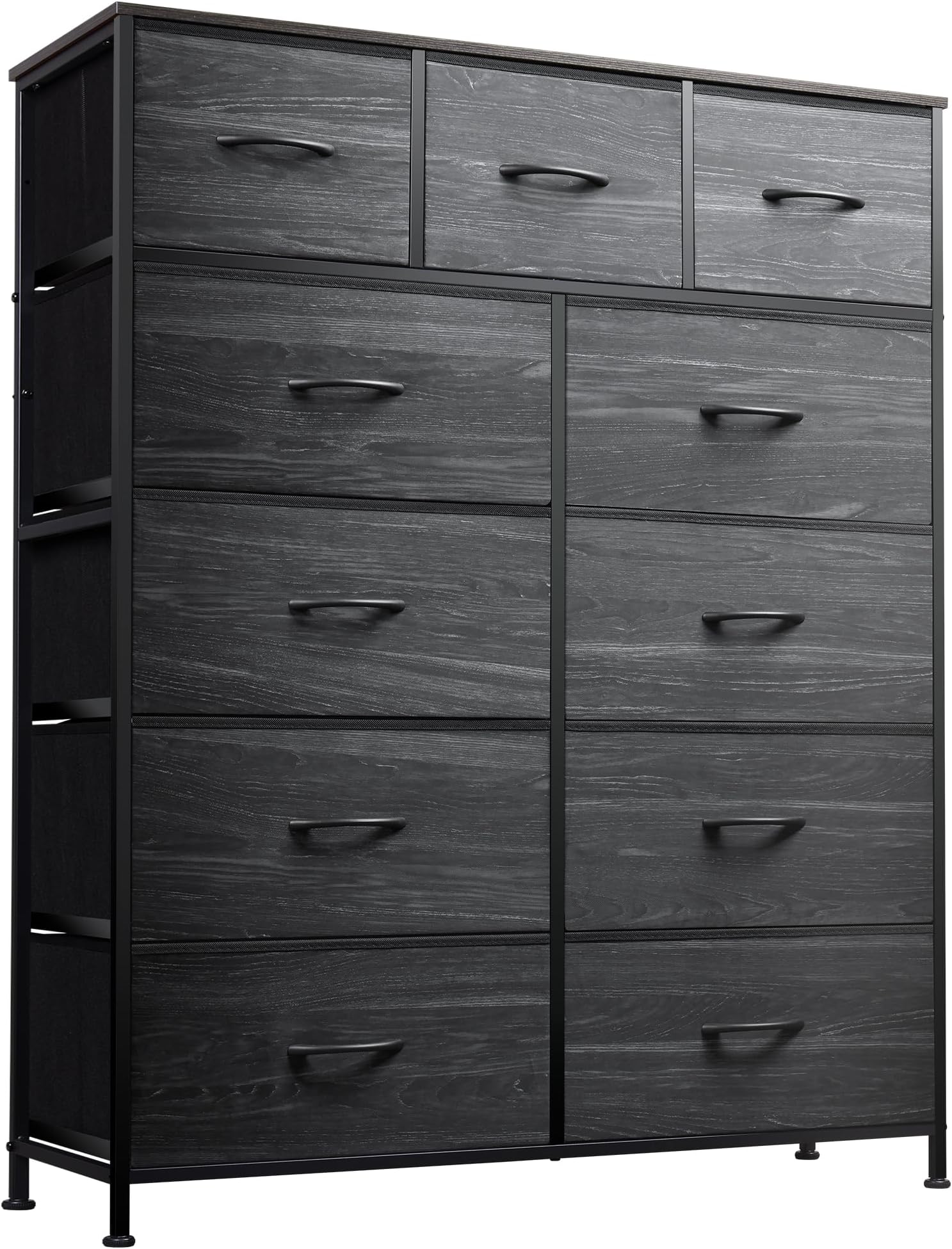 WLIVE 11-Drawer Dresser, Fabric Storage Tower for Bedroom, Hallway, Nursery, Closet, Tall Chest Organizer Unit with Fabric Bin, Steel Frame, Wood Top, Easy Pull Handle, Charcoal Black Wood Grain Print