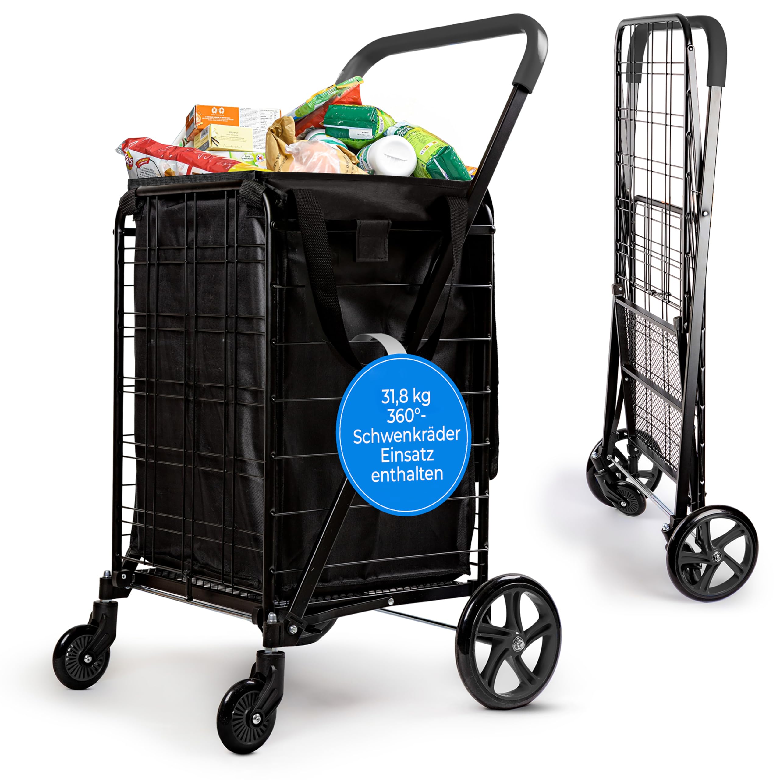 Serenelife Einkaufstrolley Klappbar, Einkaufswagen mit 50L Kapazität, Shopping Trolley bis 31.8kg Belastbar, Hackenporsche -Metall mit 360° Schwenkbare Räder, Tasche abnehmbar, Treppensteiger, Schwarz
