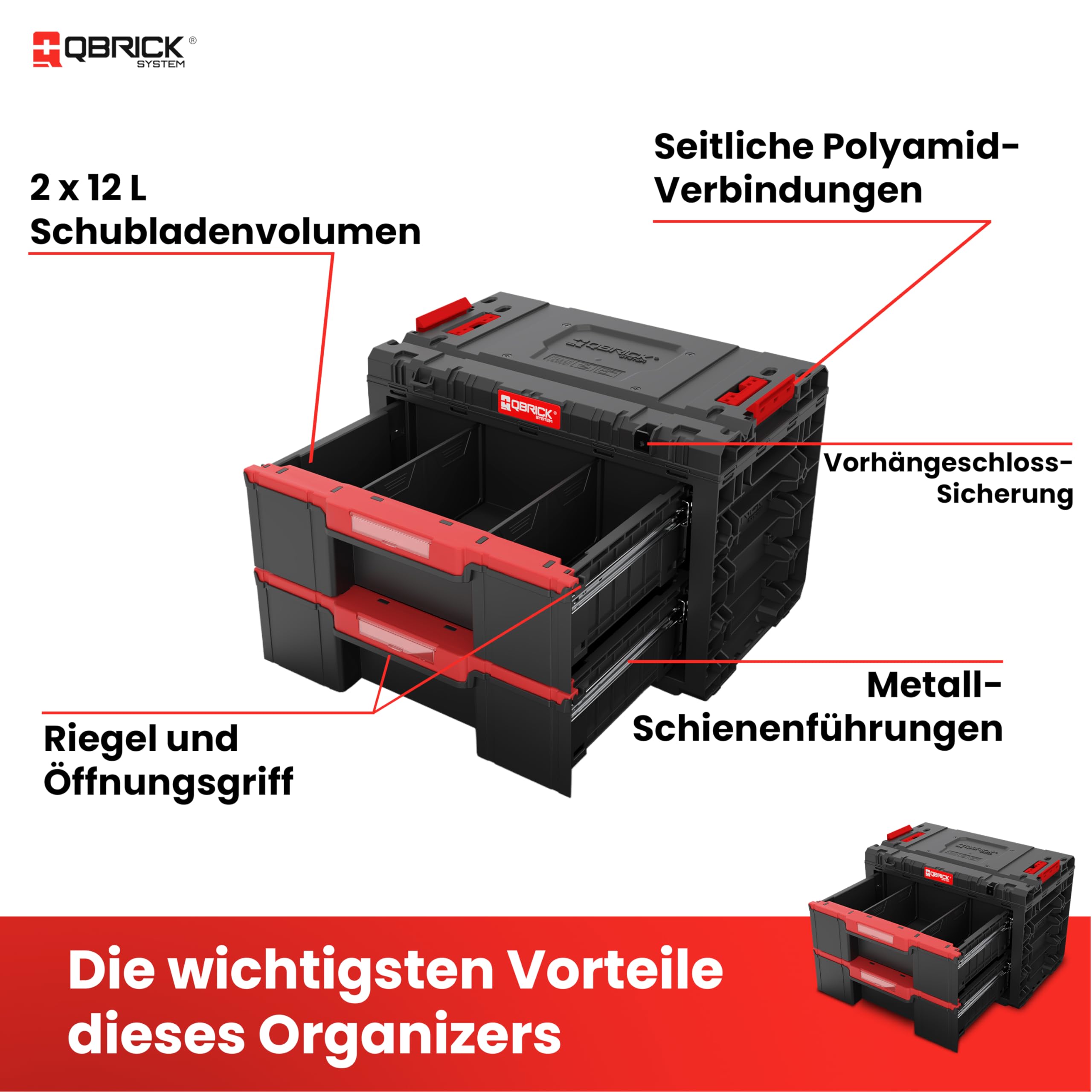 Qbrick System Skrzynka narzędziowa pusta – 2 szuflady – skrzynka na narzędzia – mobilny adapter na kółkach – 542 x 335 x 369 mm – czarna