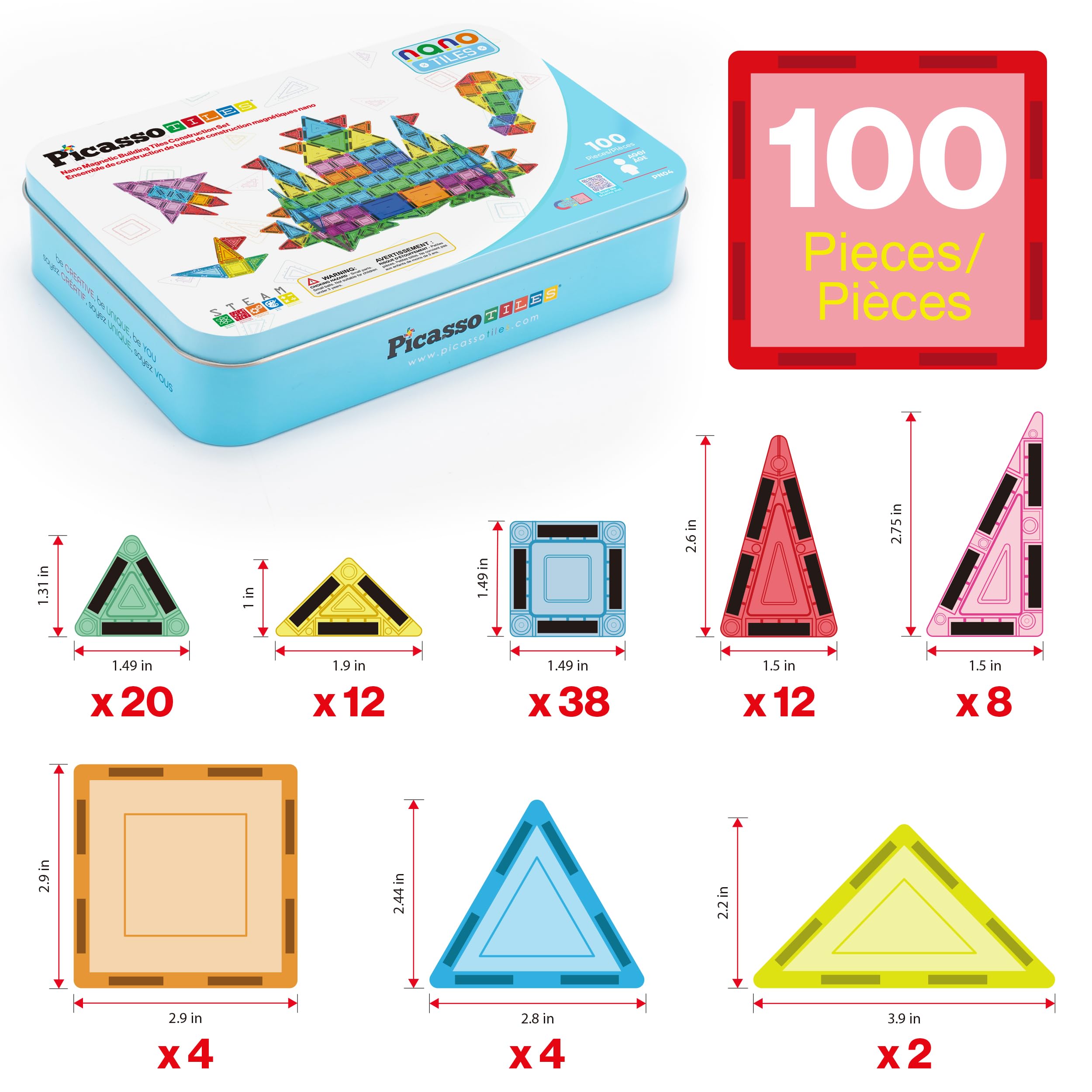 PicassoTiles 100 szt. podróży nano magnetyczne płytki budowlane klocki zabawka z walizką do przechowywania edukacyjny zestaw do nauki STEM zestaw do budowania 3D magnes płytki układanie w stos klocki