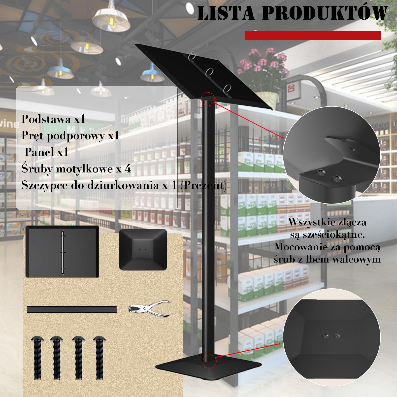 Stojak na informacje, czarny, Rozmiar panelu informacyjnego (490 x 355 mm), stojak reklamowy, stojak na plakaty, Półką na prospekty miejsce na karty menu, Do menu, informacji, broszur (czarny)