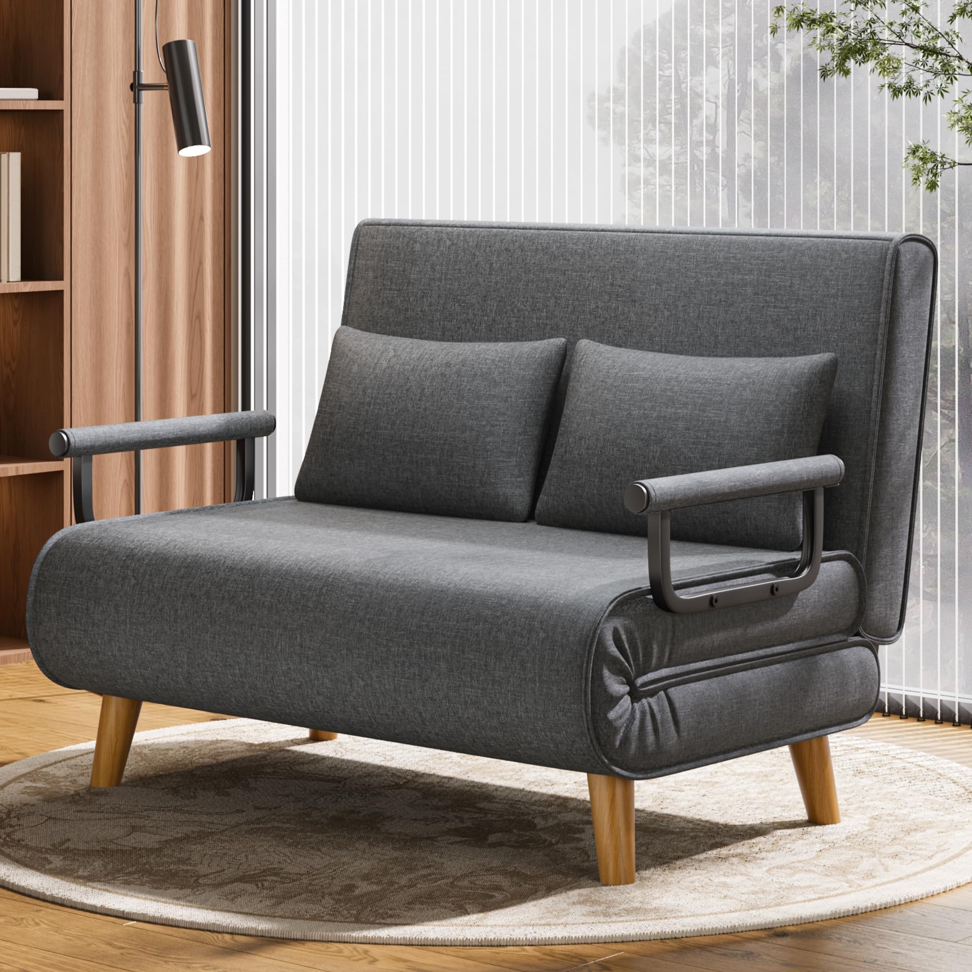 Xbro Schlafsofa 2-Sitzer mit Bettfunktion, Schlafsessel mit Bettfunktion mit Verstellbarer Rückenlehne und 2 Kissen, Sessel mit schlaffunktio für kleine Wohnung (Dunkelgrau)