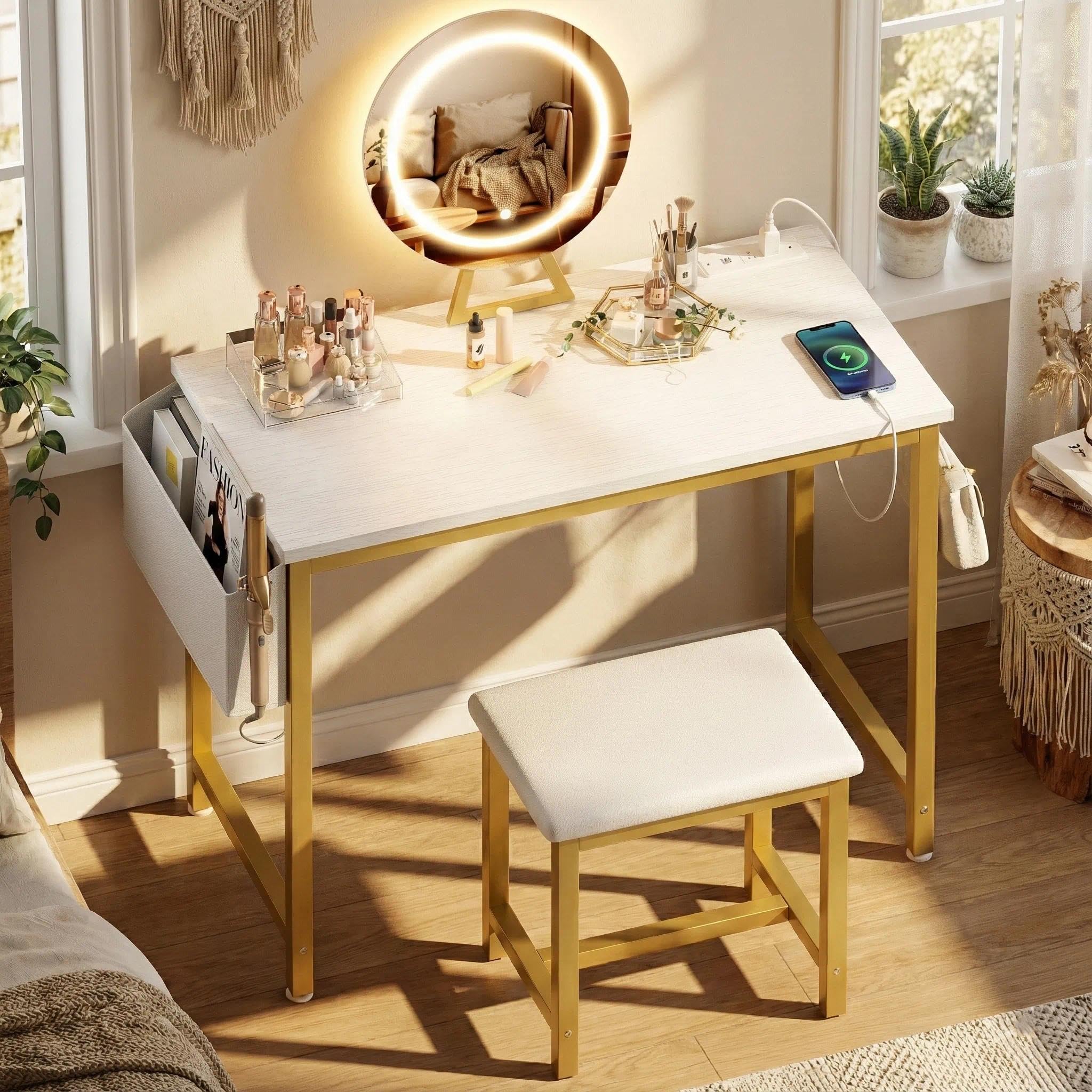 Amazon.com: KAI-ROAD Small Vanity Desk with Mirror and Lights