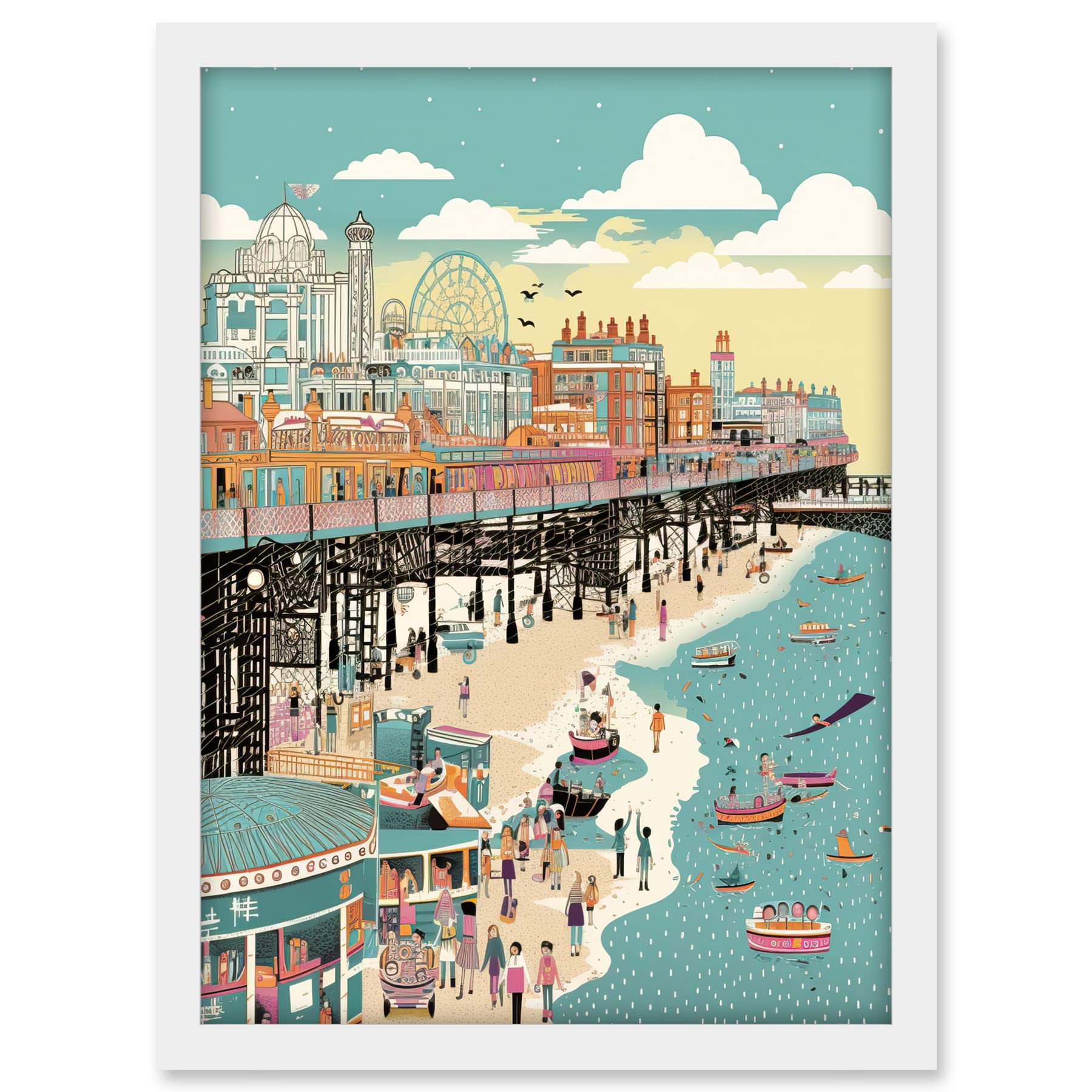 Artery8 Brighton Beach Pier and Sandy Summer Scene Artwork Framed A3 Wall Art Print