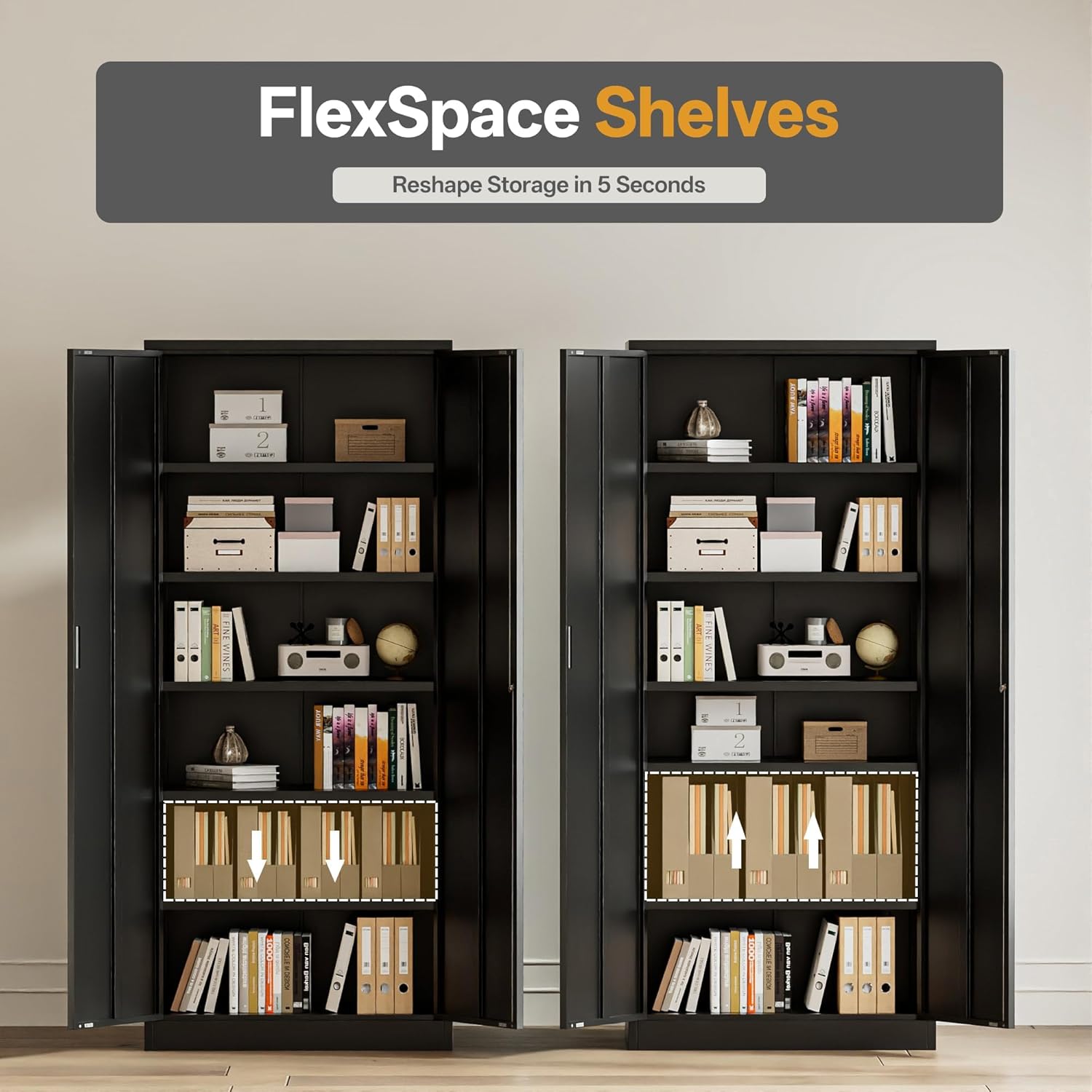 Metal Garage Storage Cabinets,71” Tall Metal File Cabinet with 5 Adjustable Shelves, Lockable Storage Cabinets for Office, Home, Garage, Warehouse 71" H x 32" W x 16" D (Black)