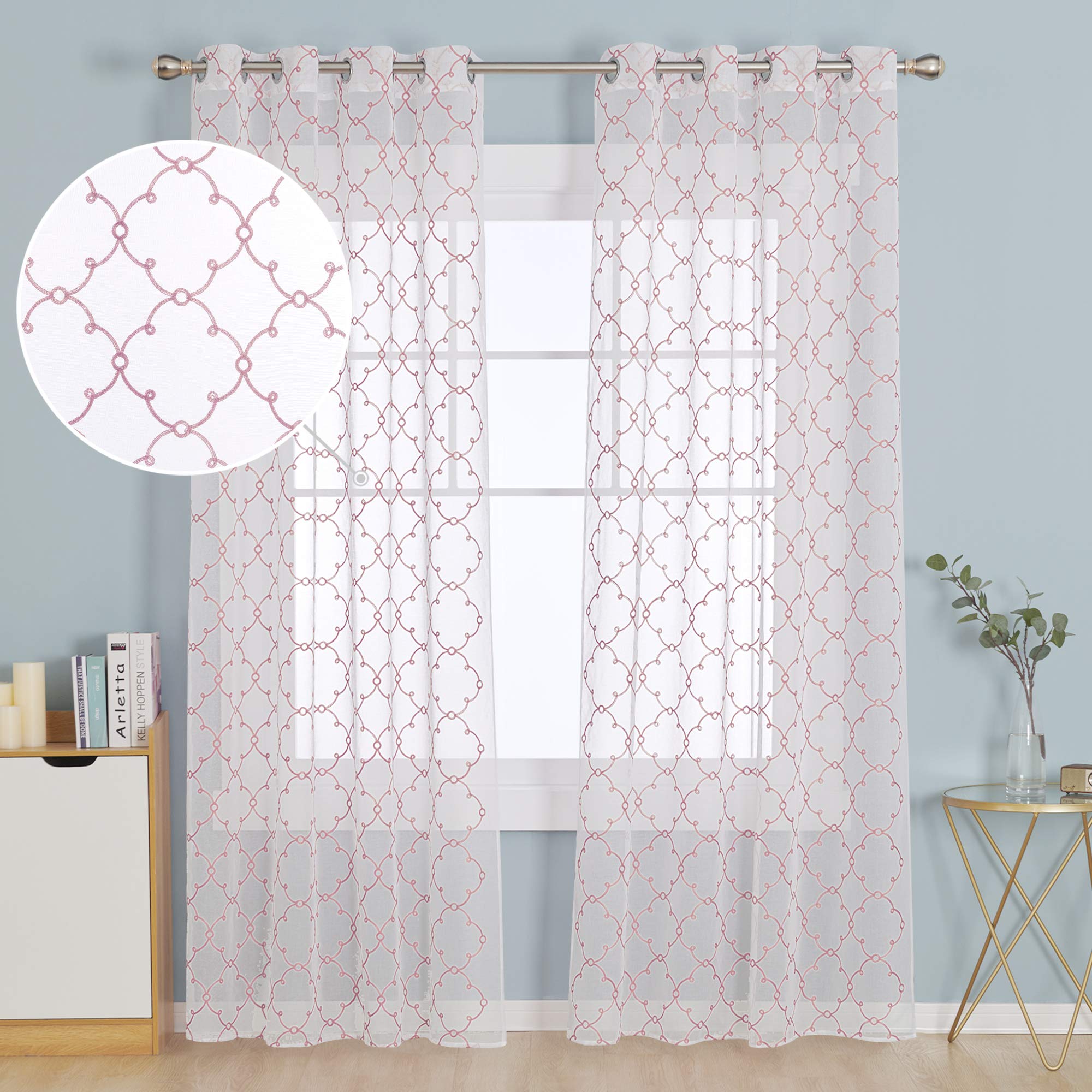 Deconovo Pink Diamond Eyelet Faux Linen Net Curtains Embroidery Diamond Voile Curtains Super Soft Semi Sheer Curtains 55 X 102 Drop Inch Pink 1 Pair