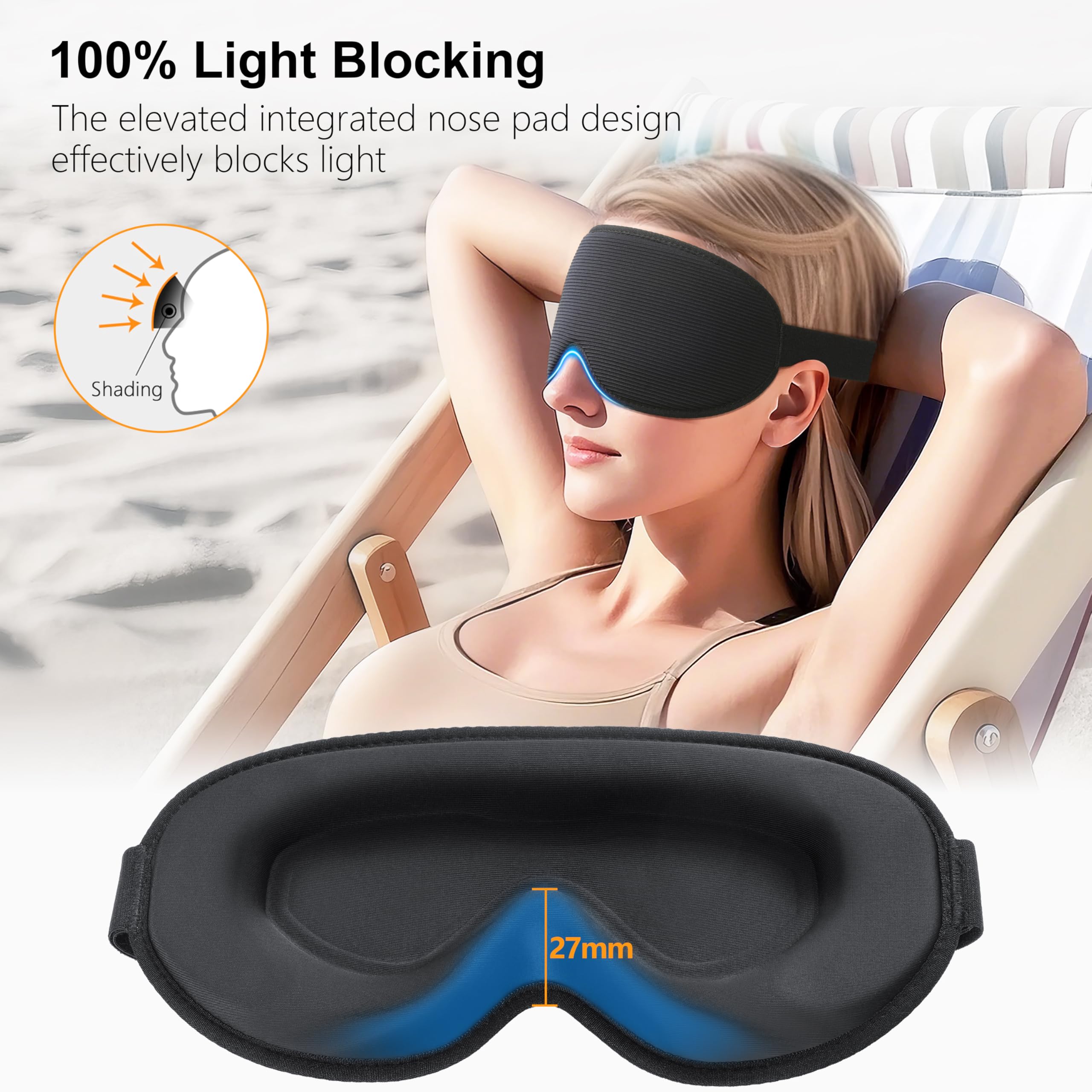 Gritin 100% Blackout Sleep Mask for Women & Men-Zero Eye Pressure Eye Mask for Sleeping, 3D Cutout Eye Movement, Ultra Soft & Comfortable Blindfold for Sleep/Travel Essentials-EarPlugs Included — view 2