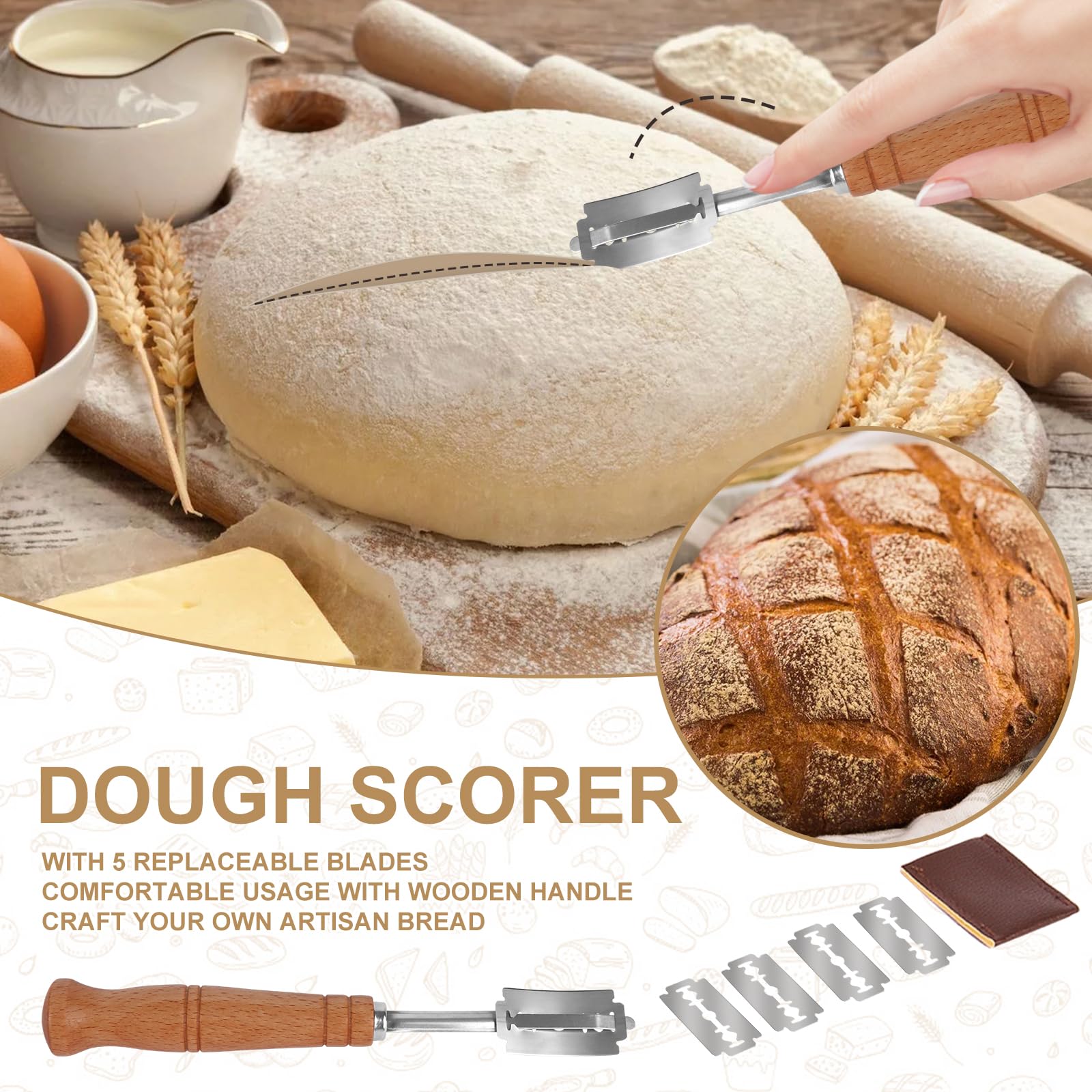 Ensemble paniers fermentation pâte levée : 10" rond & 9,6" ovale, rotin naturel, avec raclette, couteau pain, batteur & tapis tissu