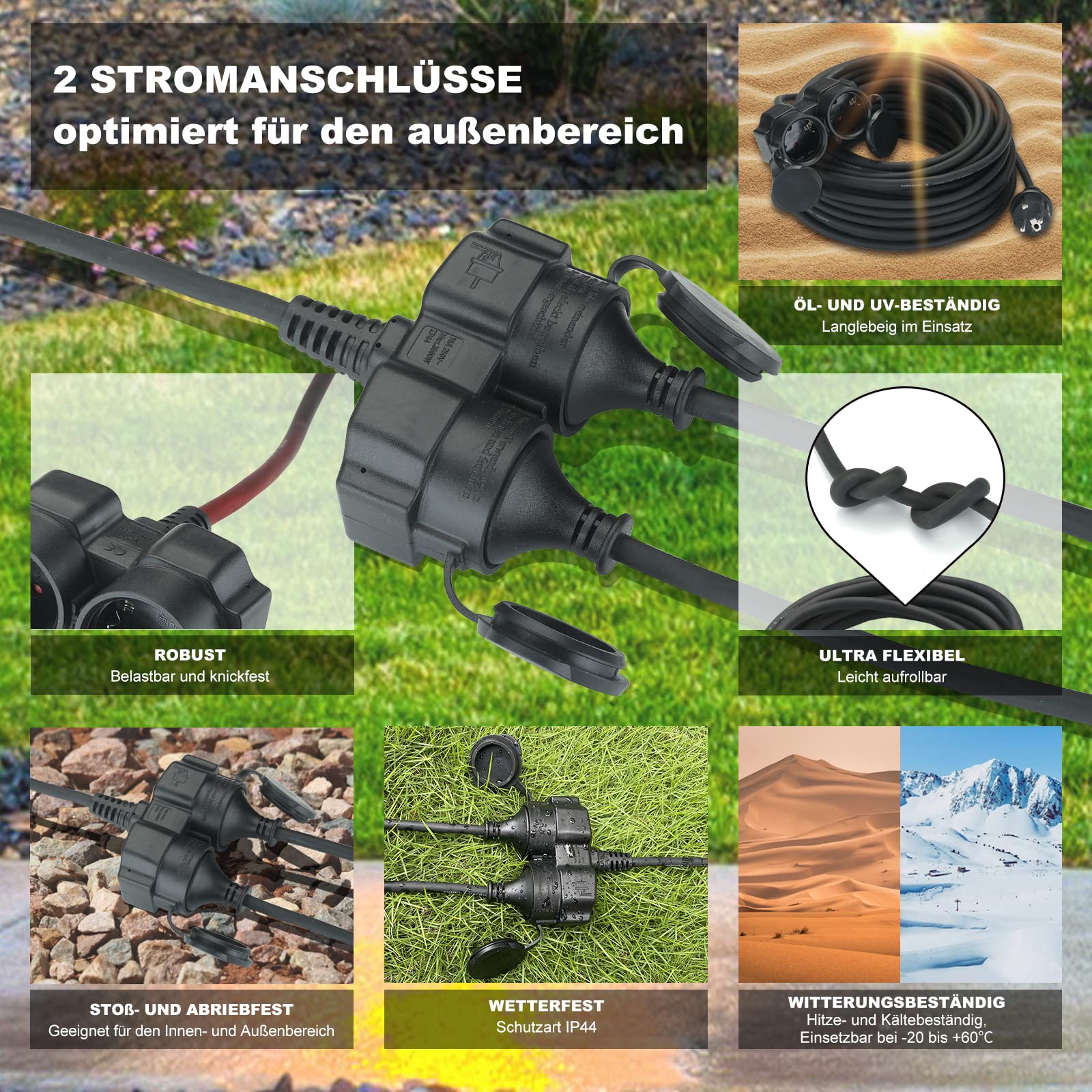 Prolunga Elettrica A Spirale Con 2 Prese Schuko - 3 Metri, Impermeabile IP44, 4000W, Nero